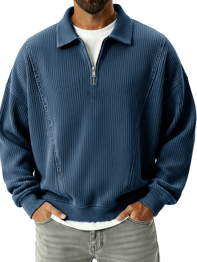 Men's Retro Fashion Ribbed Collar Zipper Long-Sleeve Polo Shirt