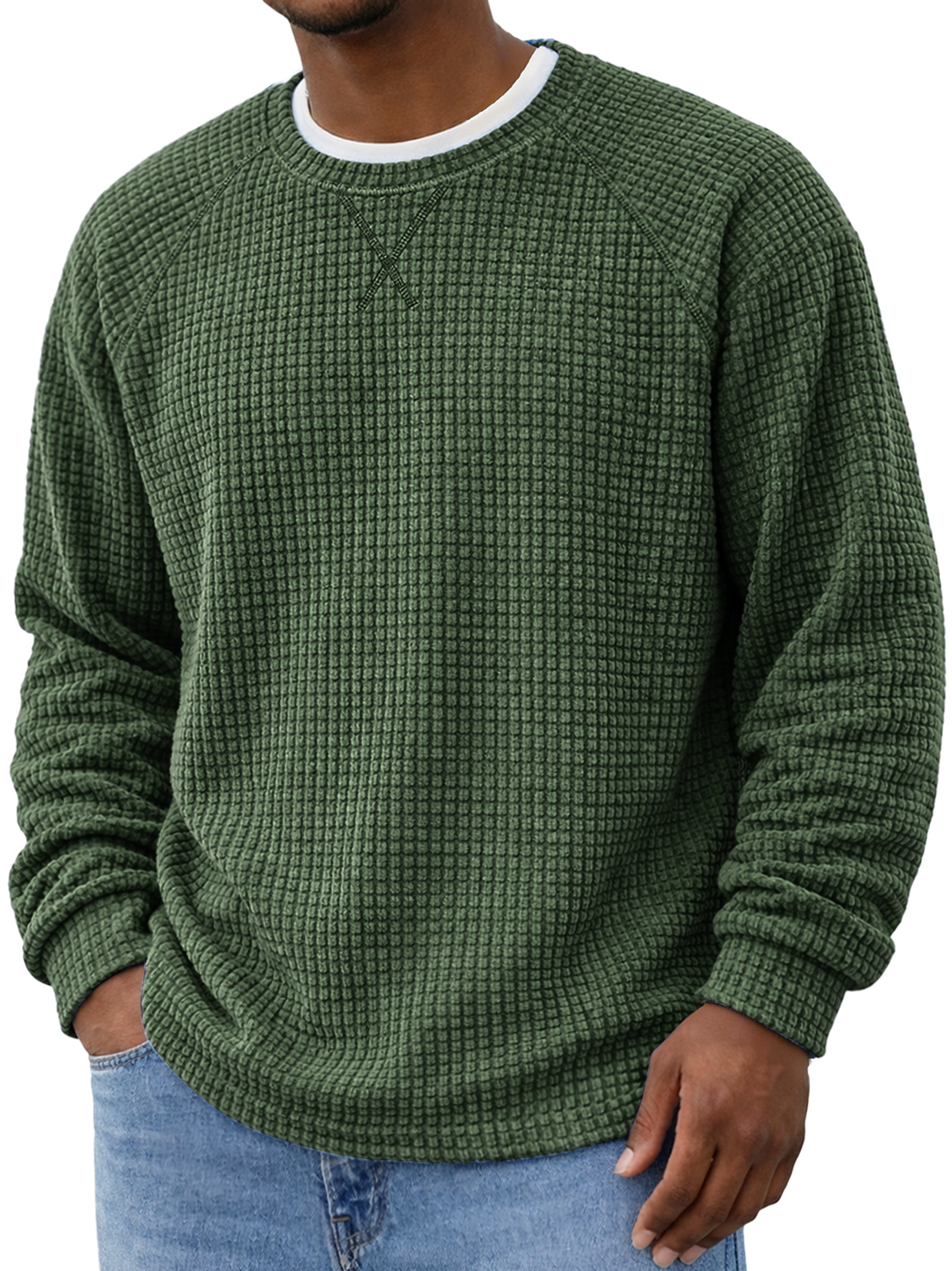Men's Crew Neck Raglan Sleeve Corduroy Waffle Knit Long-sleeved T-shirt With Crossover Design
