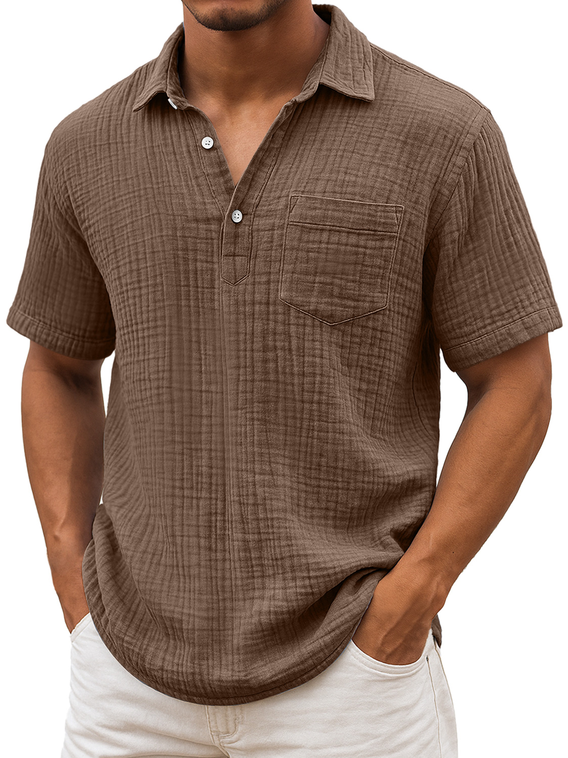 Men's Daily Pleated Texture Lapel Casual Pocket Comfortable Short Sleeve POLO Shirt