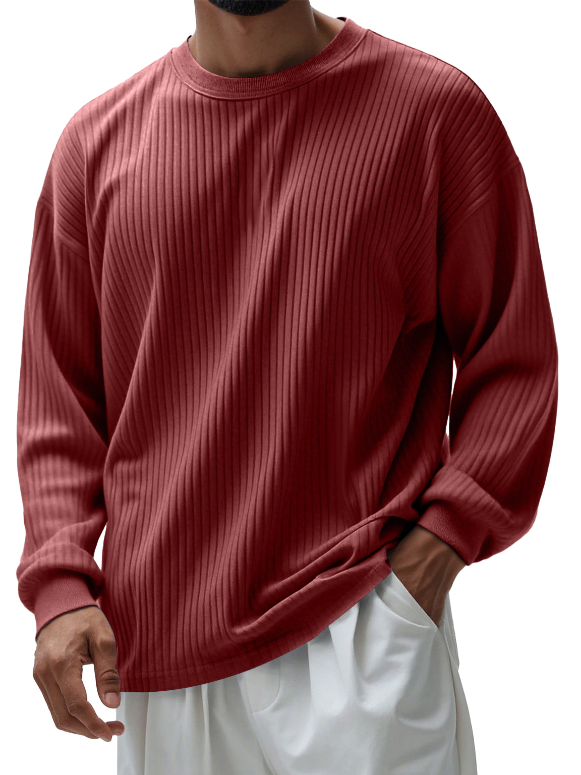 Men's Casual Round Neck Ribbed Comfortable Long Sleeve T-shirt