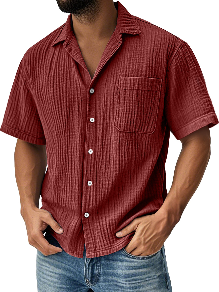 Men's Daily Pleated Pocket Casual Solid Color Short Sleeve Shirt