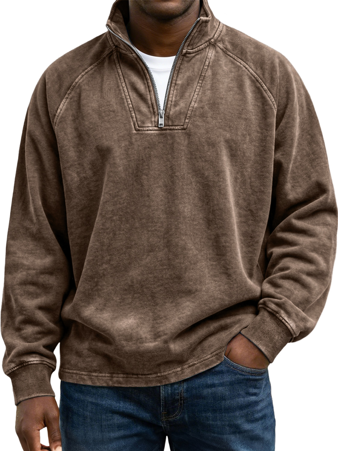 Men's Vintage Raglan Sleeve Stand-collar Zip-up Casual Long-sleeved Shirtt