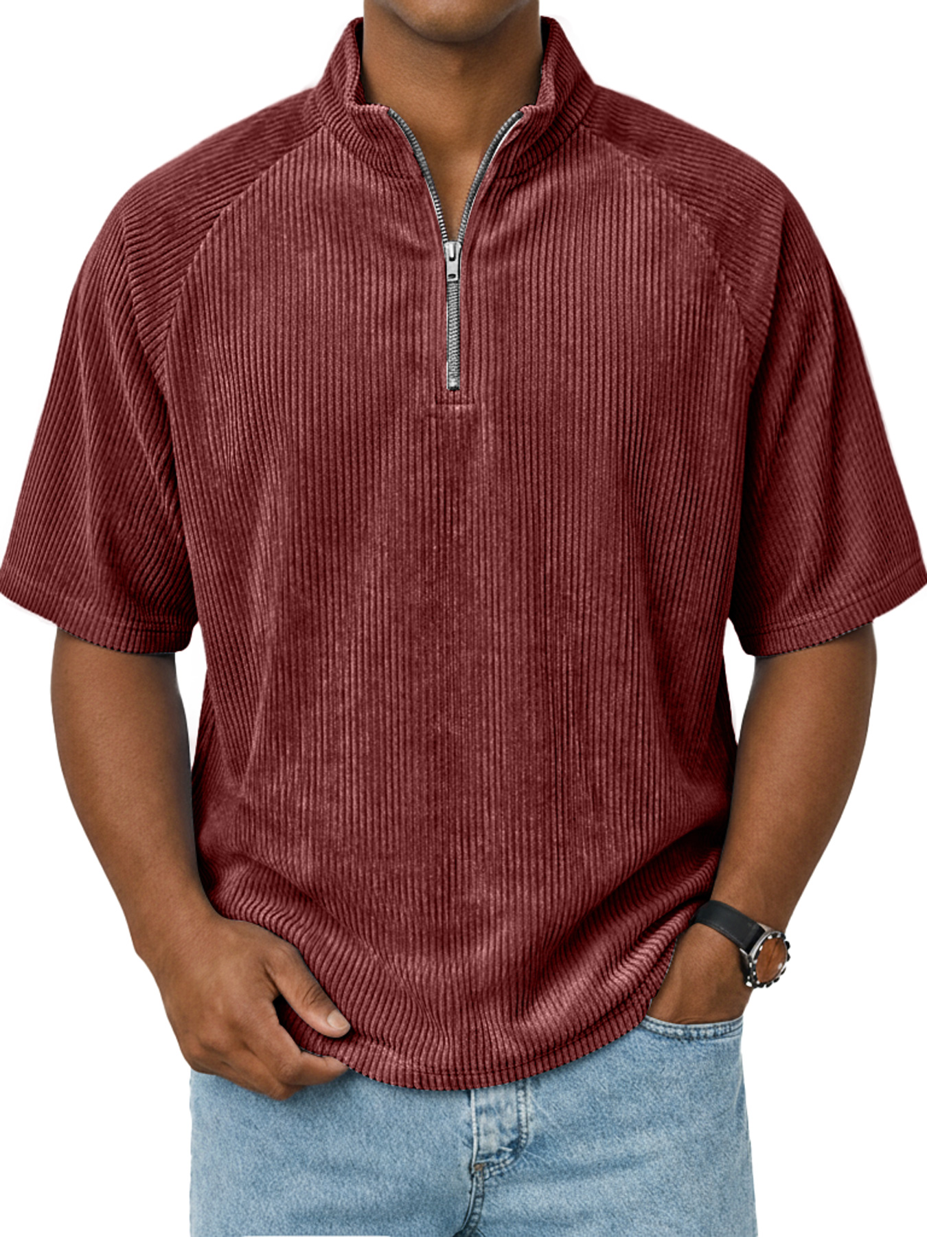 Men's Retro Raglan Corduroy Stand Collar Zipper Casual Short Sleeve T-Shirt