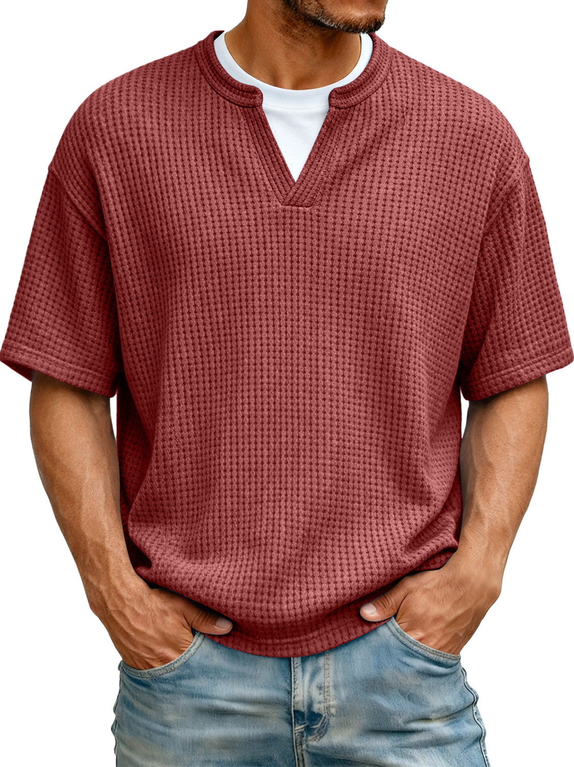 Men's Waffle-knit Two-piece Look Casual Solid Color Short-sleeved T-shirt