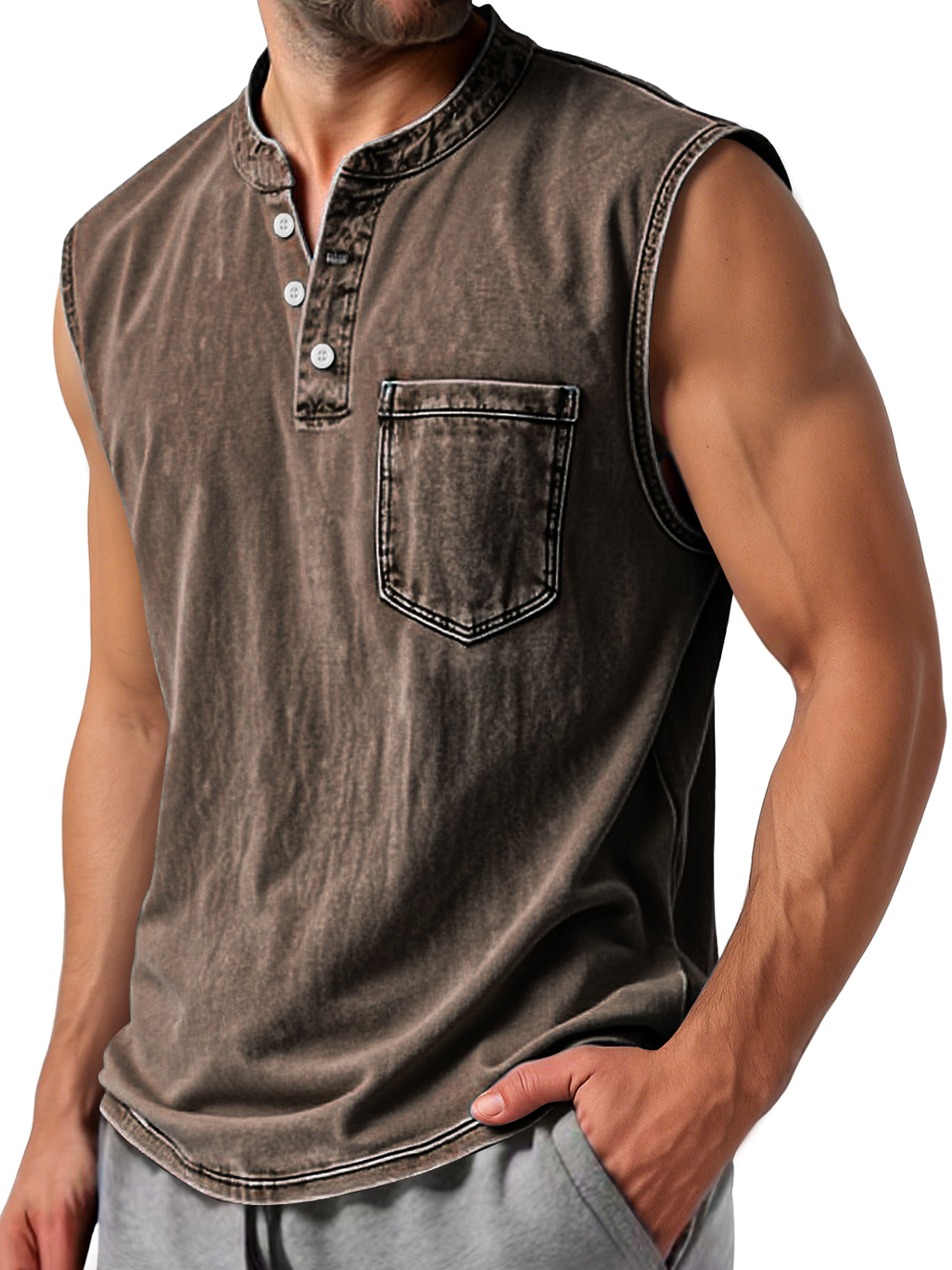 Men's Vintage Stand Collar Button Casual Comfort Sleeveless Henley Shirt