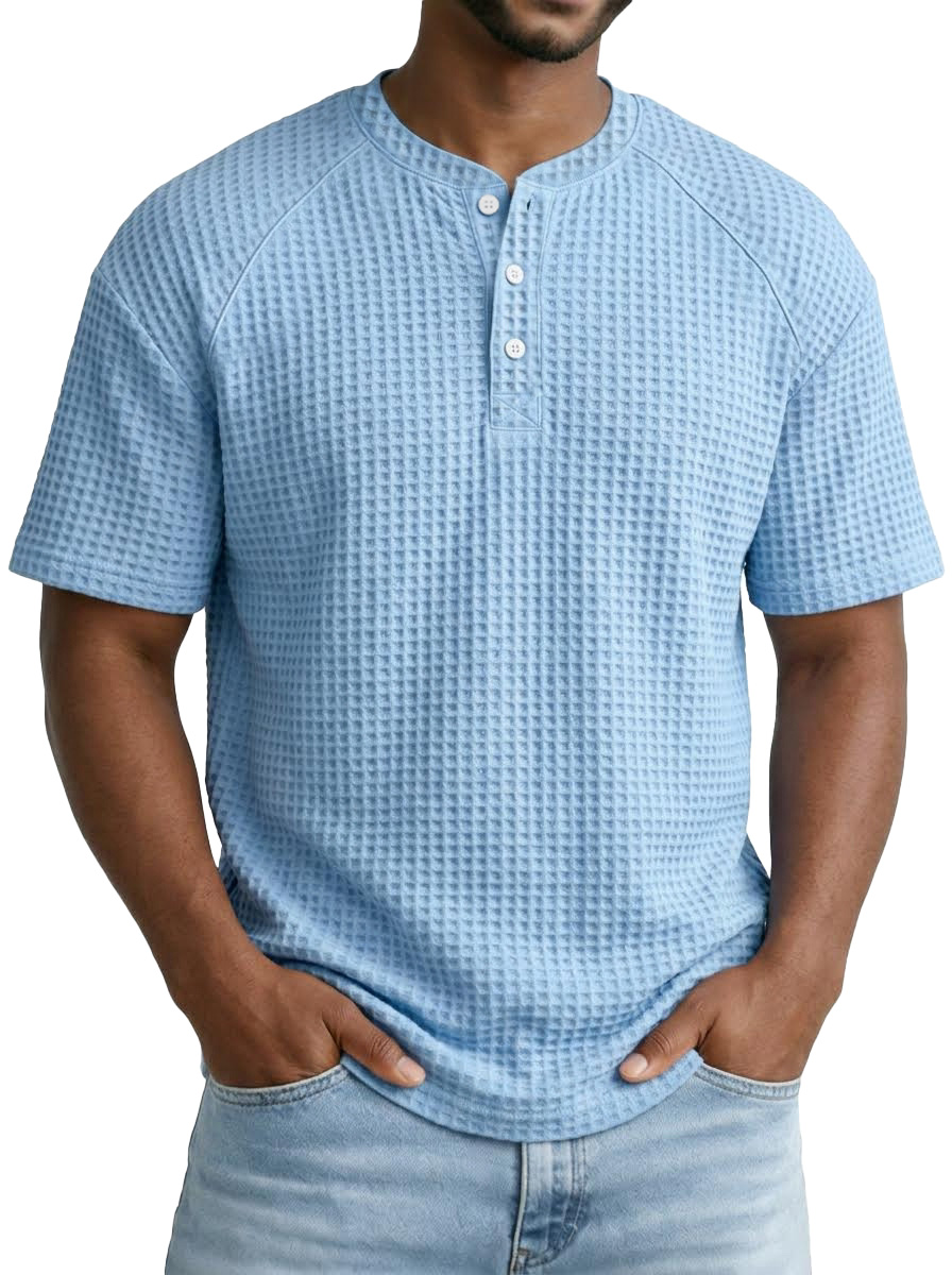 Versatile Solid Color Waffle Short Sleeve Raglan Henley