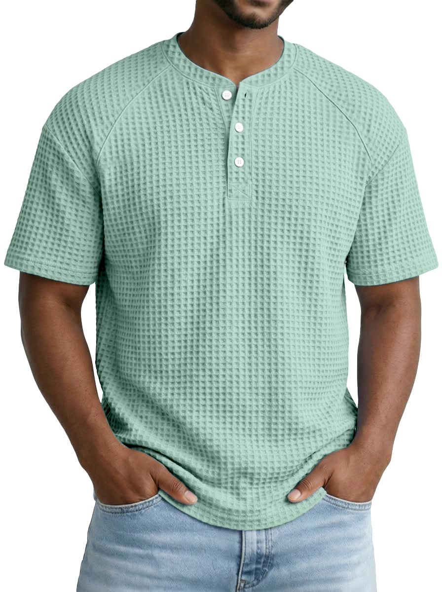 Versatile Solid Color Waffle Short Sleeve Raglan Henley