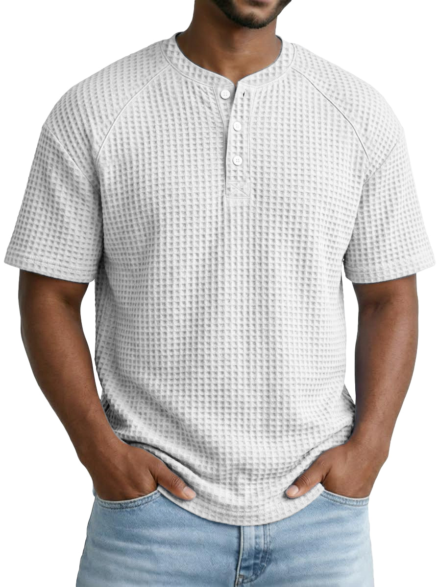 Versatile Solid Color Waffle Short Sleeve Raglan Henley