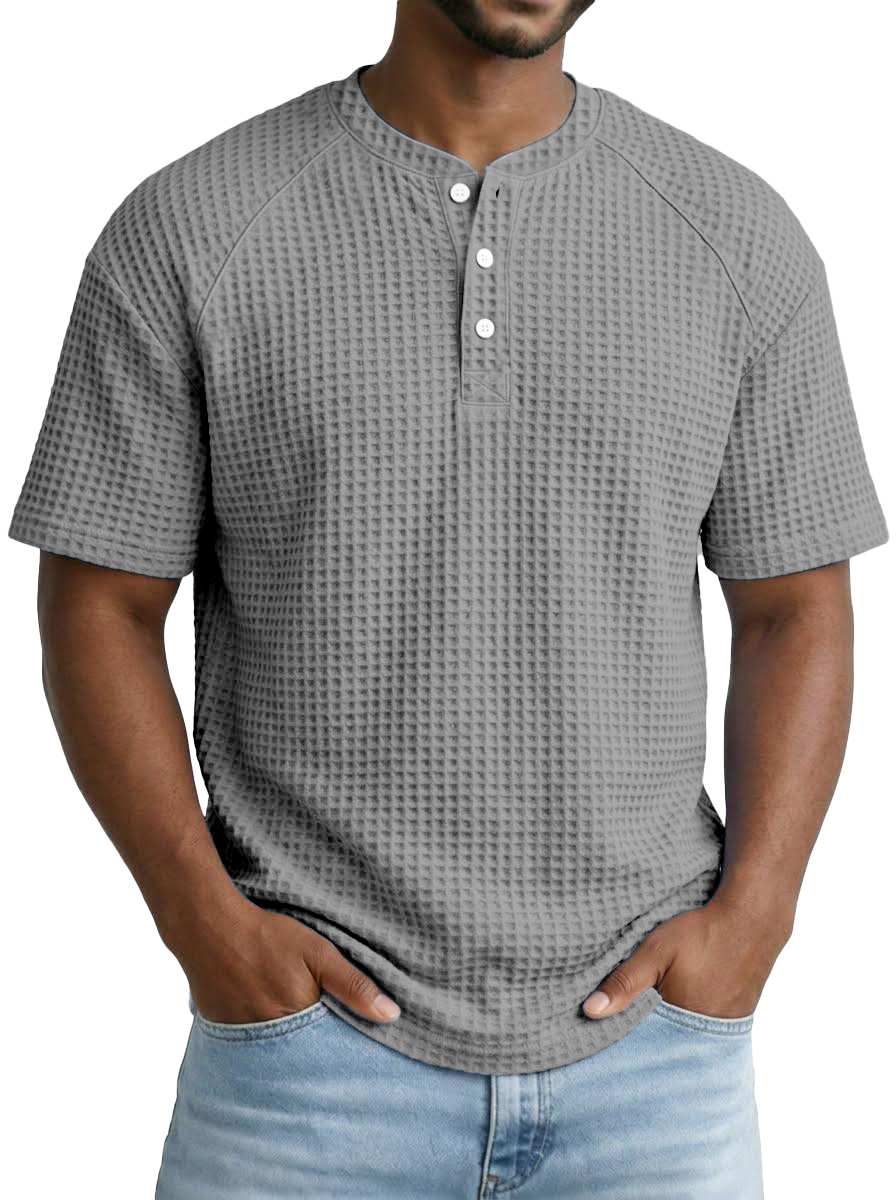 Versatile Solid Color Waffle Short Sleeve Raglan Henley