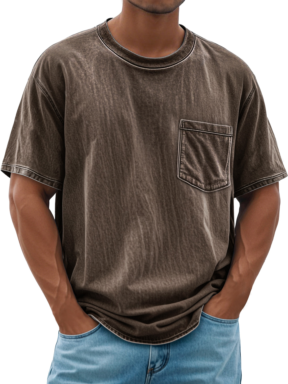 Men's Retro Round Neck Daily Casual Pocket Short Sleeve T-Shirt