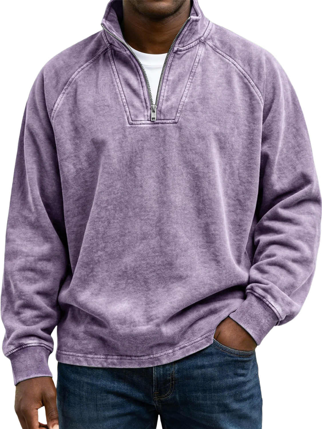 Men's Vintage Raglan Sleeve Stand-collar Zip-up Casual Long-sleeved Shirtt