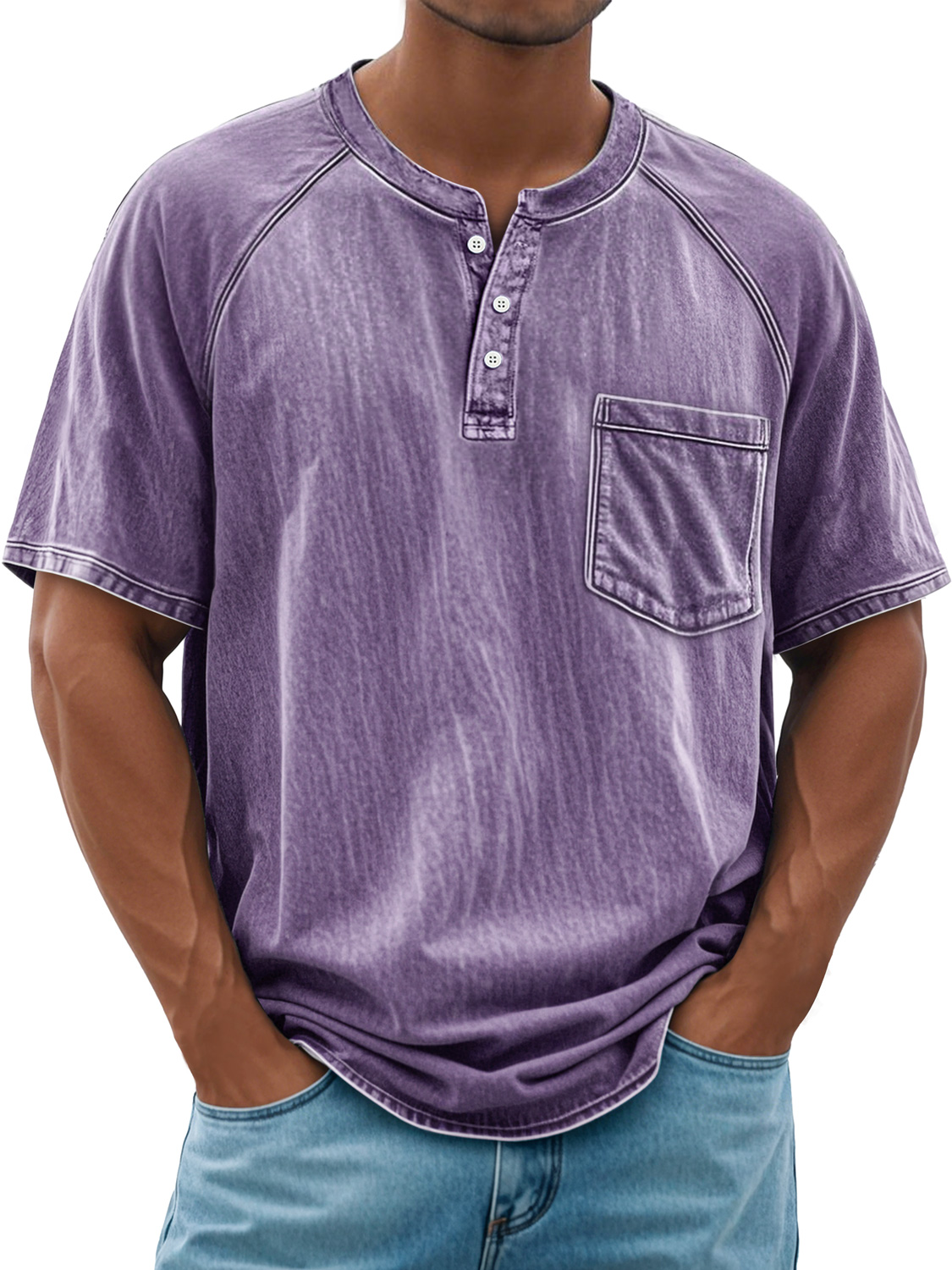 Men's Retro Everyday Raglan Pocket Casual Short Sleeve Henley Shirt