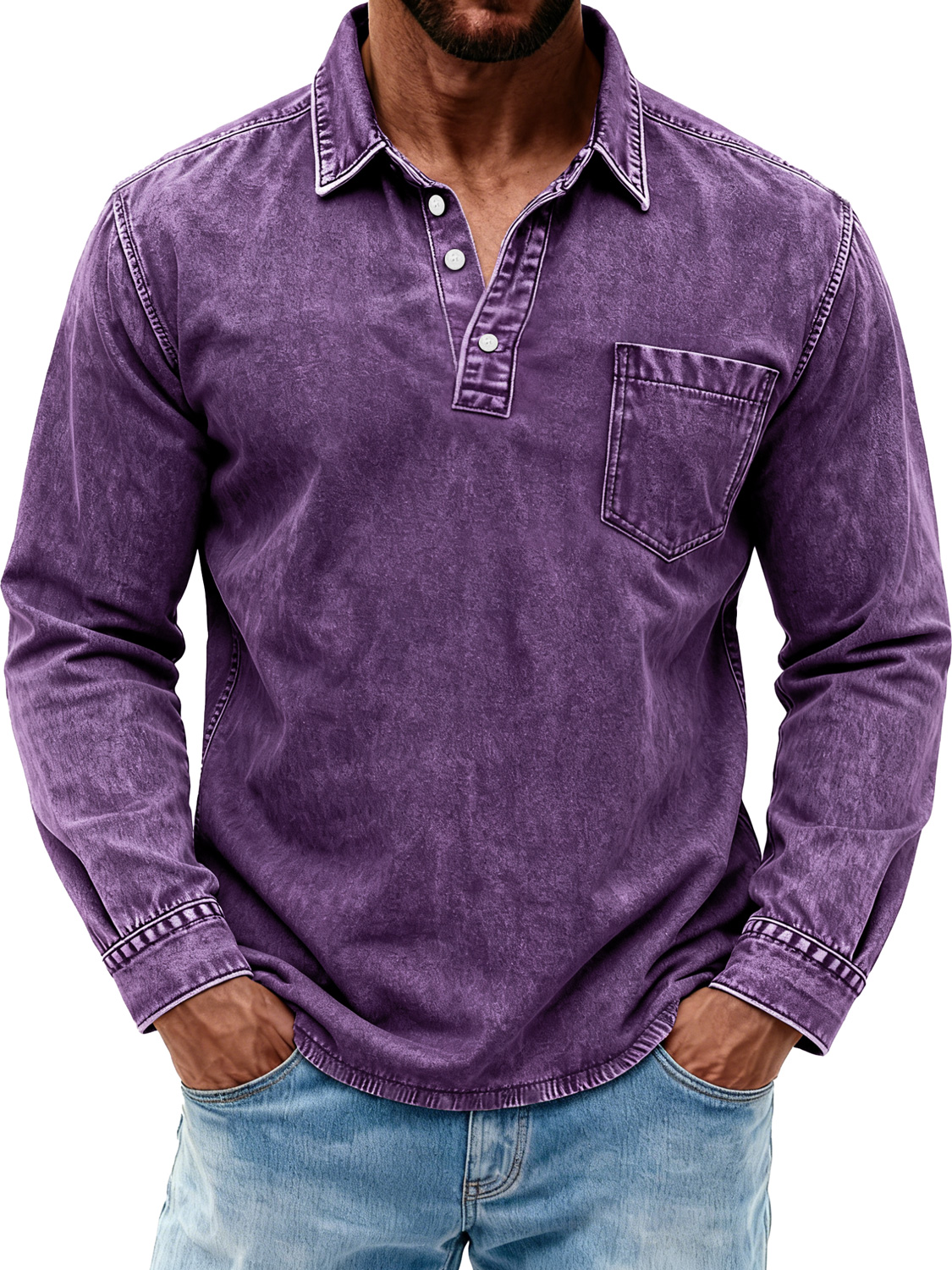 Men's Retro Washed Casual Polo Shirt with Turn-Down Collar and Buttons