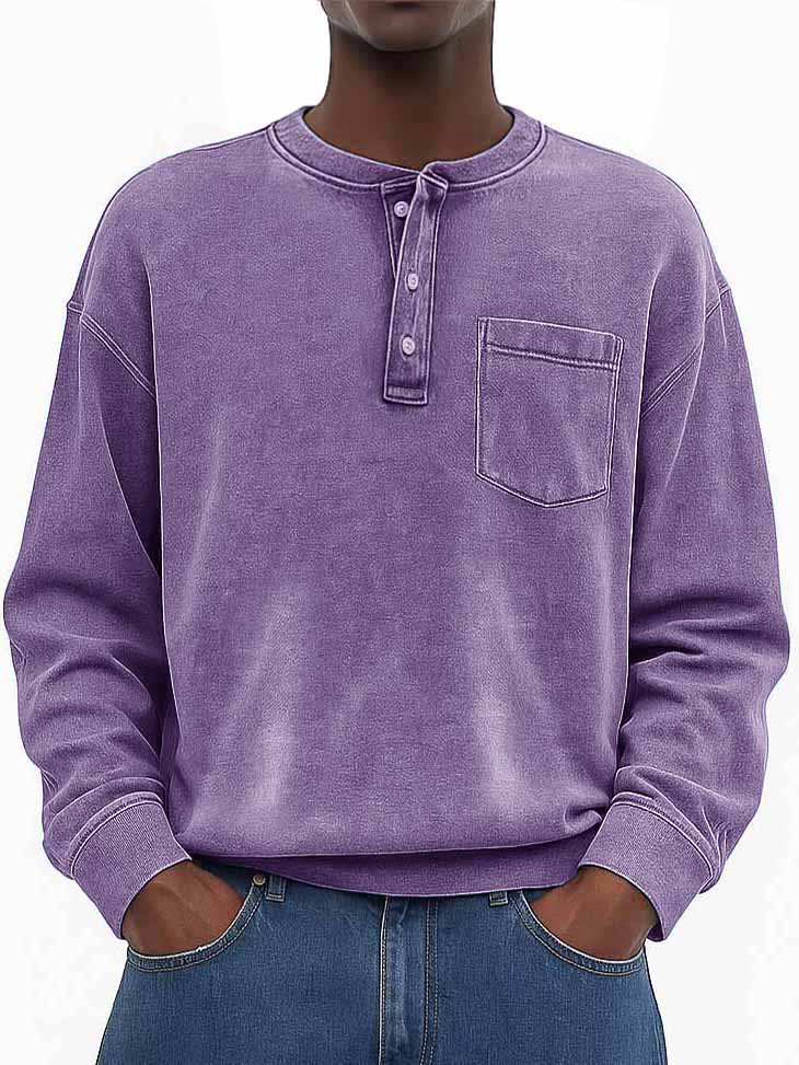 Men's Stylish Vintage Washed And Distressed Fabric Loose-fitting Long-sleeved Henley Shirt With Pockets