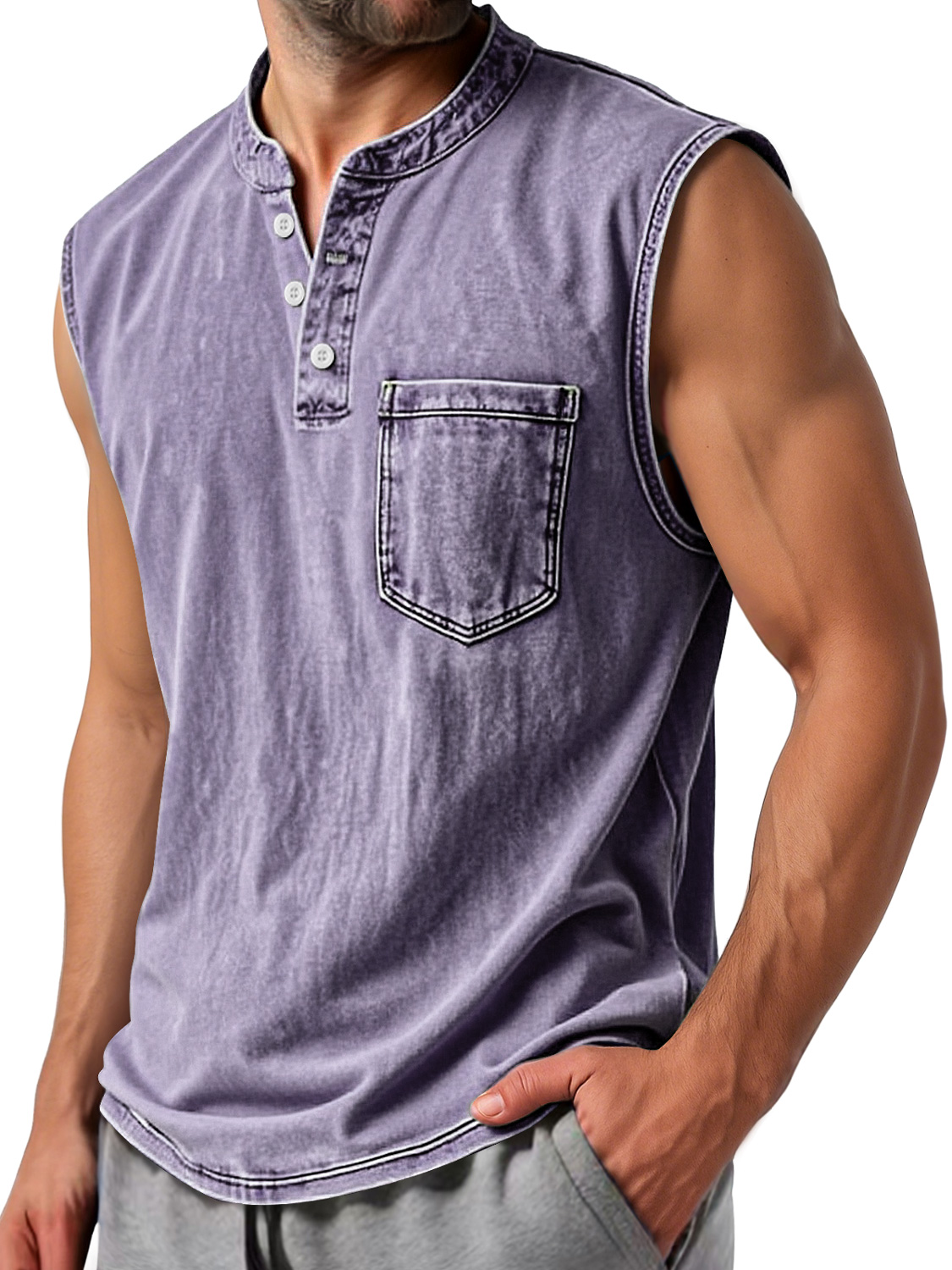 Men's Vintage Stand Collar Button Casual Comfort Sleeveless Henley Shirt