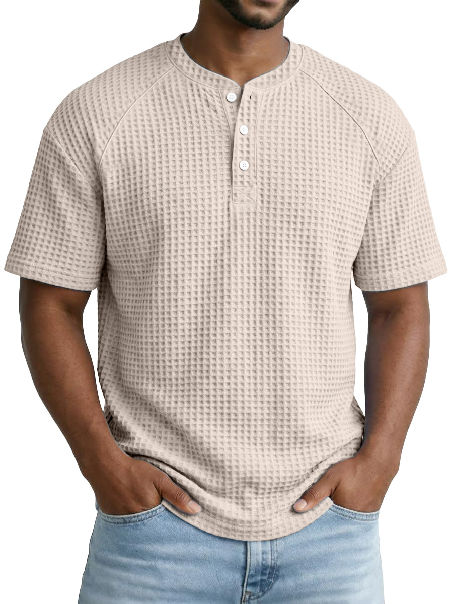 Versatile Solid Color Waffle Short Sleeve Raglan Henley