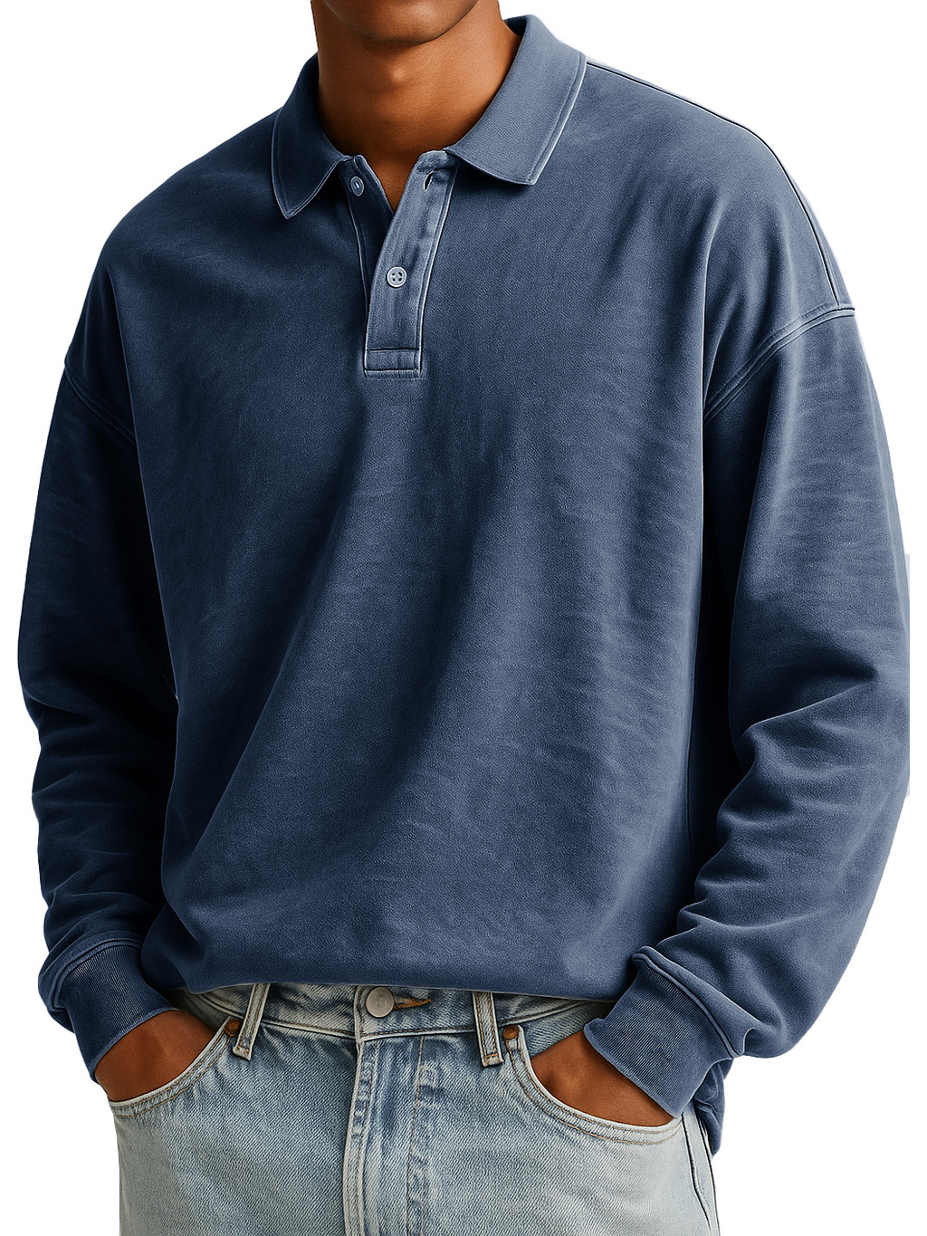  Men's Stylish Casual Padded Lapel Button-stitched Ribbed Long-sleeved Polo Shirt 