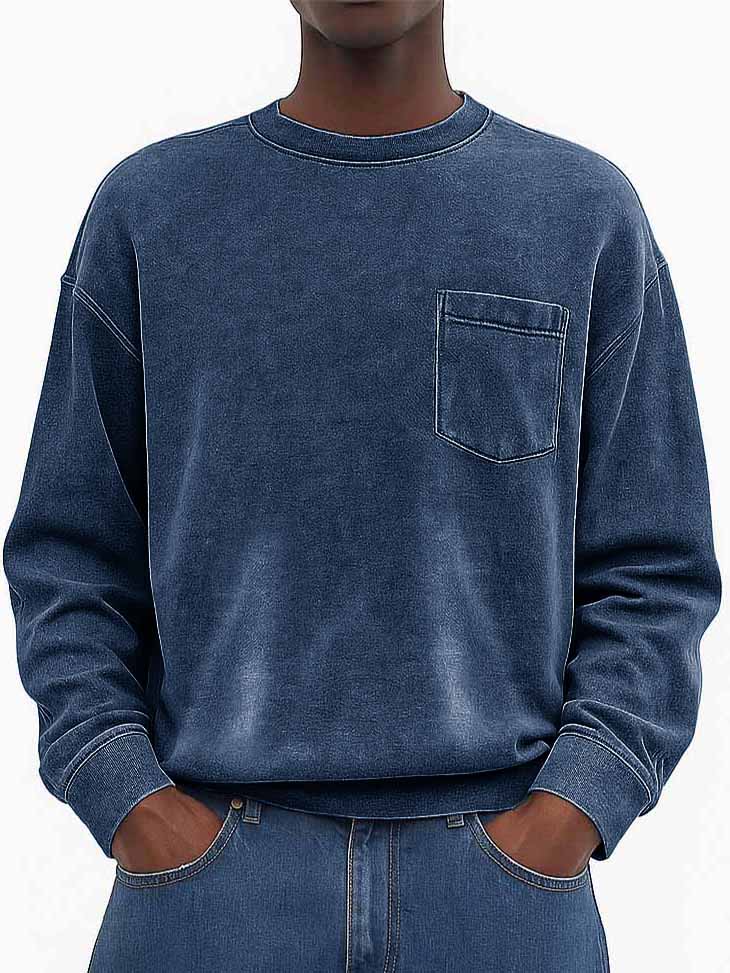 Men's Stylish Vintage Washed And Distressed Fabric Loose-fitting Long-sleeved Crew Neck Sweatshirt With Pockets