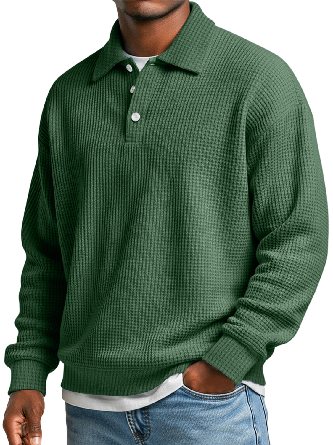 Men's Waffle Simple Lapel Button Casual Loose Polo Shirt