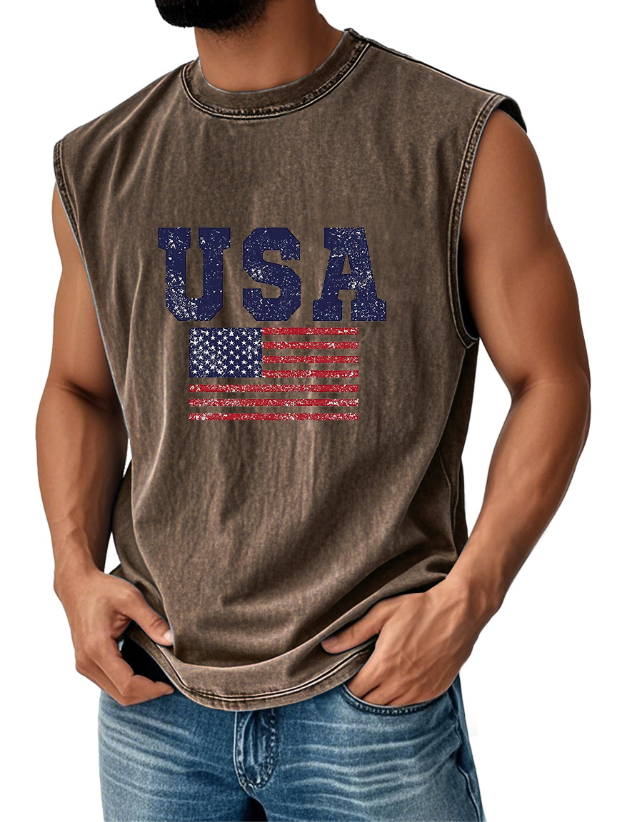 Men's Everyday Vintage American Independence Day Flag Printed Crew Neck Sleeveless Tank Top