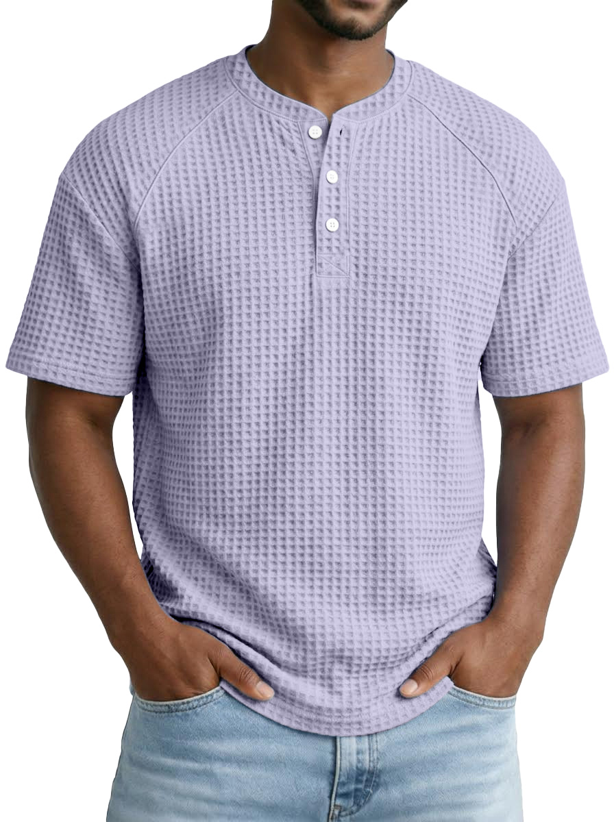 Versatile Solid Color Waffle Short Sleeve Raglan Henley