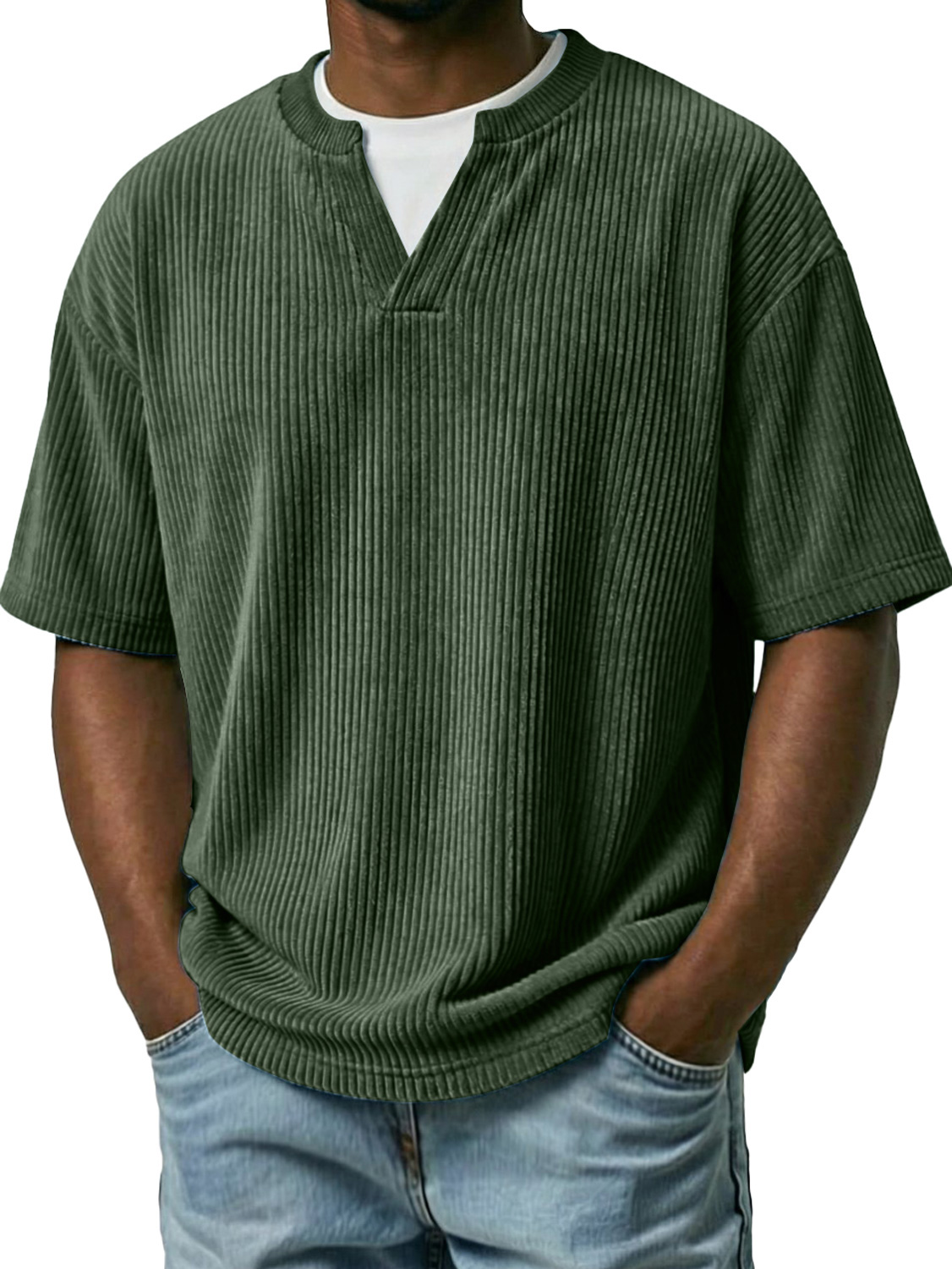 Men's Corduroy Faux Two-piece Double-collar Casual Short-sleeved T-shirt