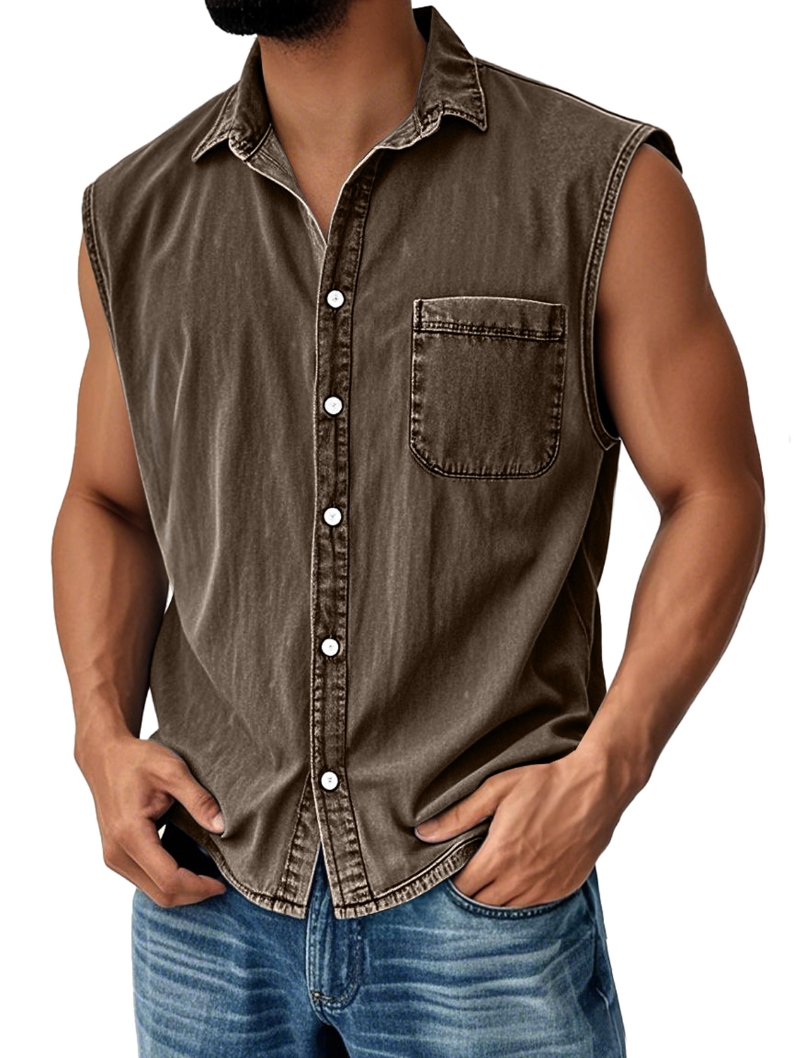 Men's Vintage Everyday Lapel Pocket Casual Sleeveless Shirt