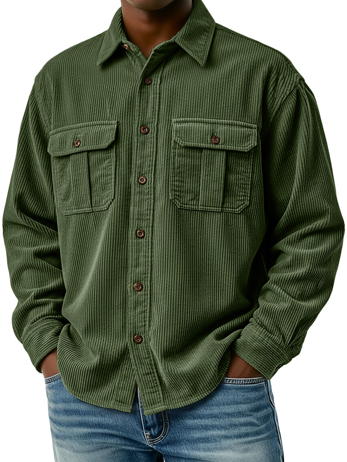 Men's Retro Corduroy Double Pocket Casual Long-Sleeve Work Shirt
