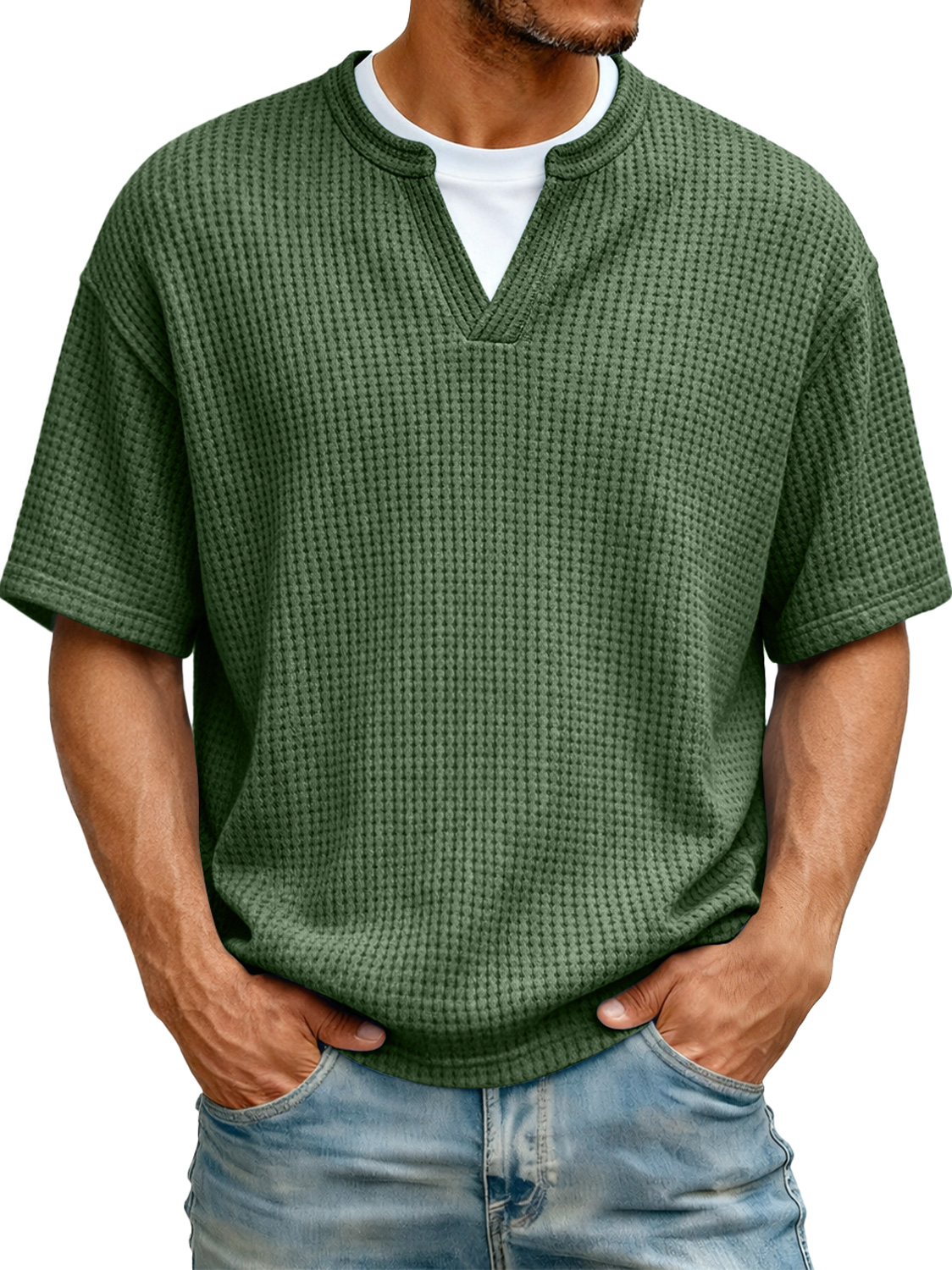 Men's Waffle-knit Two-piece Look Casual Solid Color Short-sleeved T-shirt