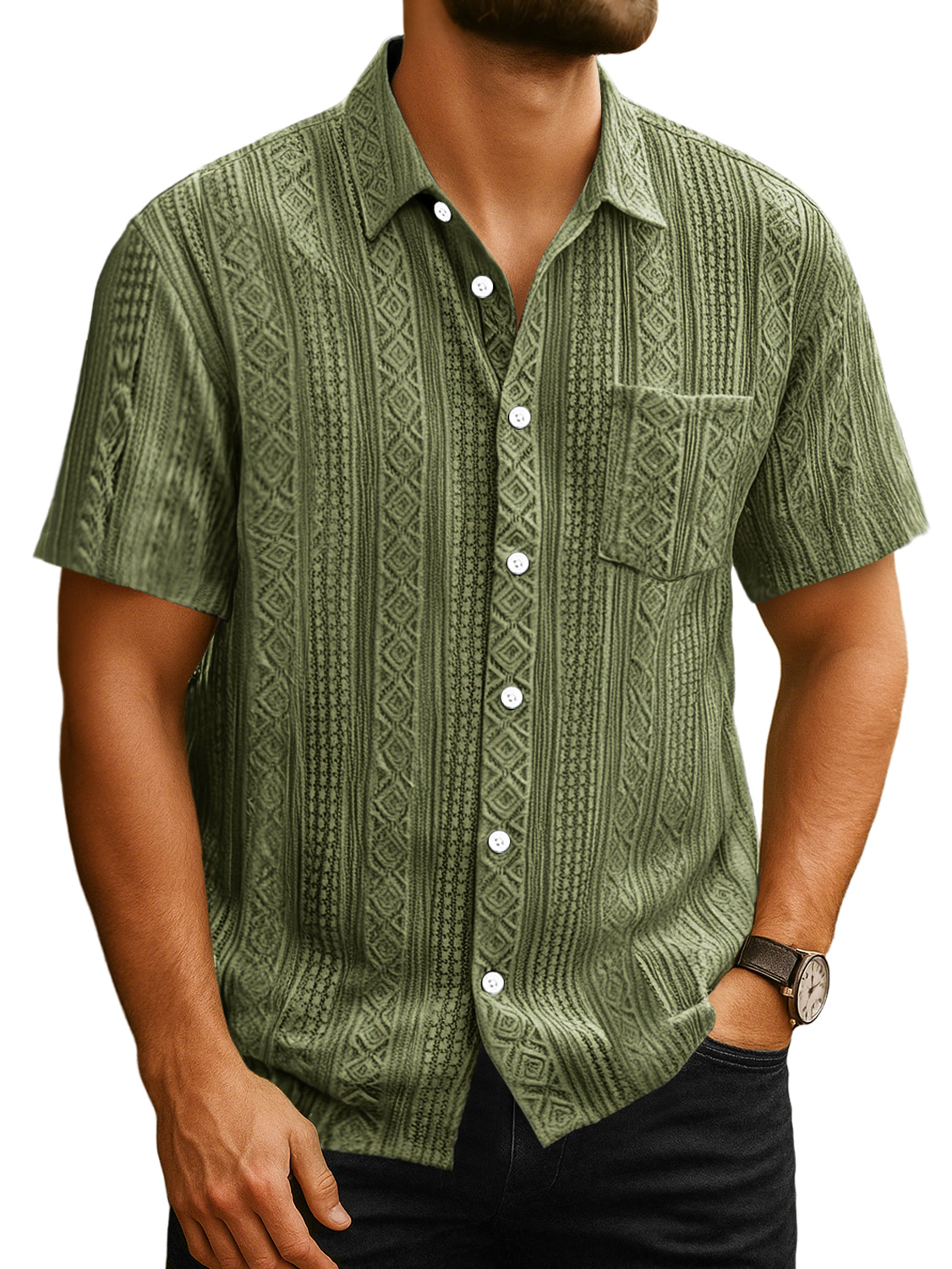 Men's Daily Casual Jacquard Texture Pocket Solid Color Short-sleeved Shirt