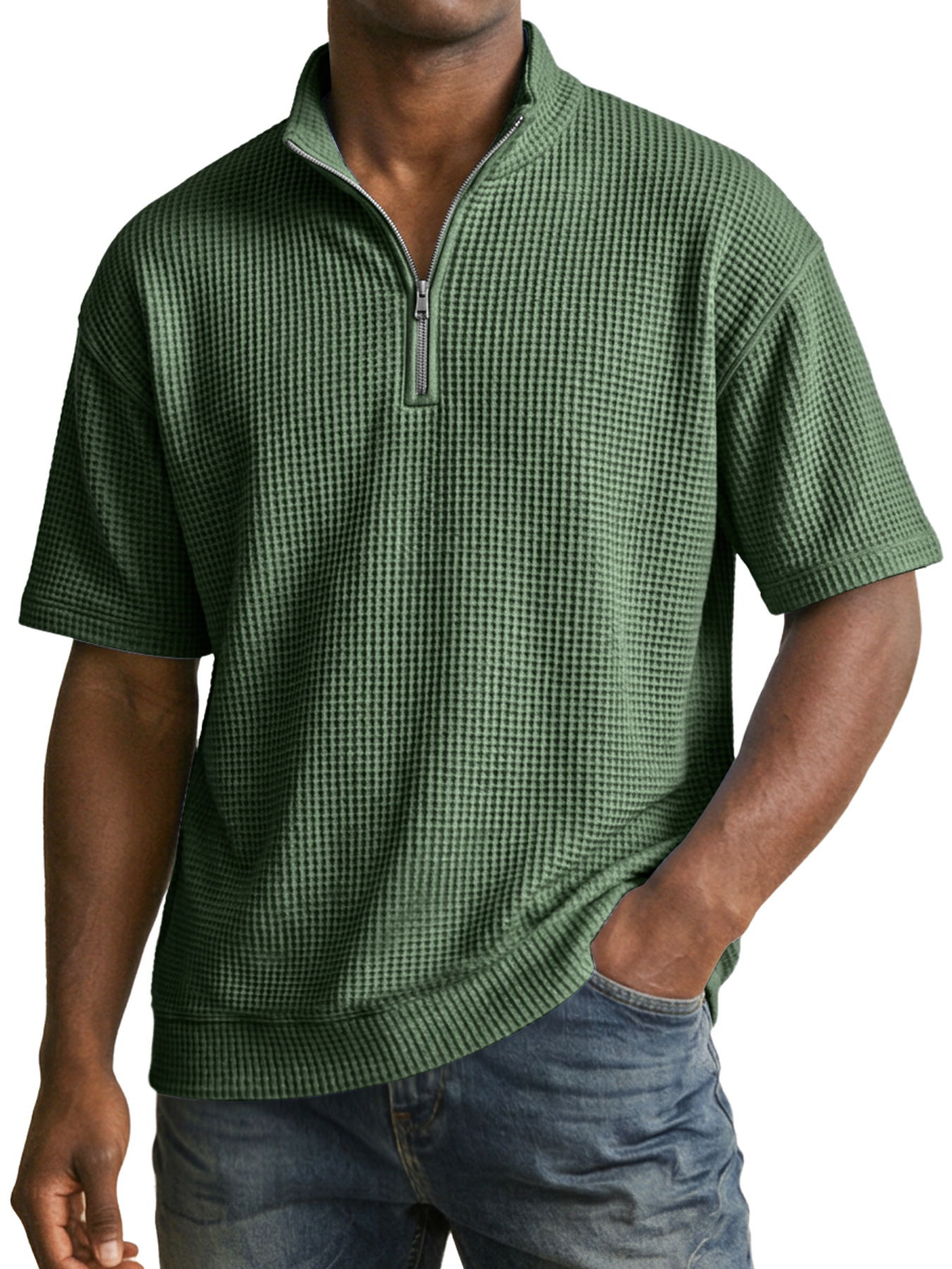 Men's Waffle Collar Zipper Casual Short-Sleeve T-Shirt