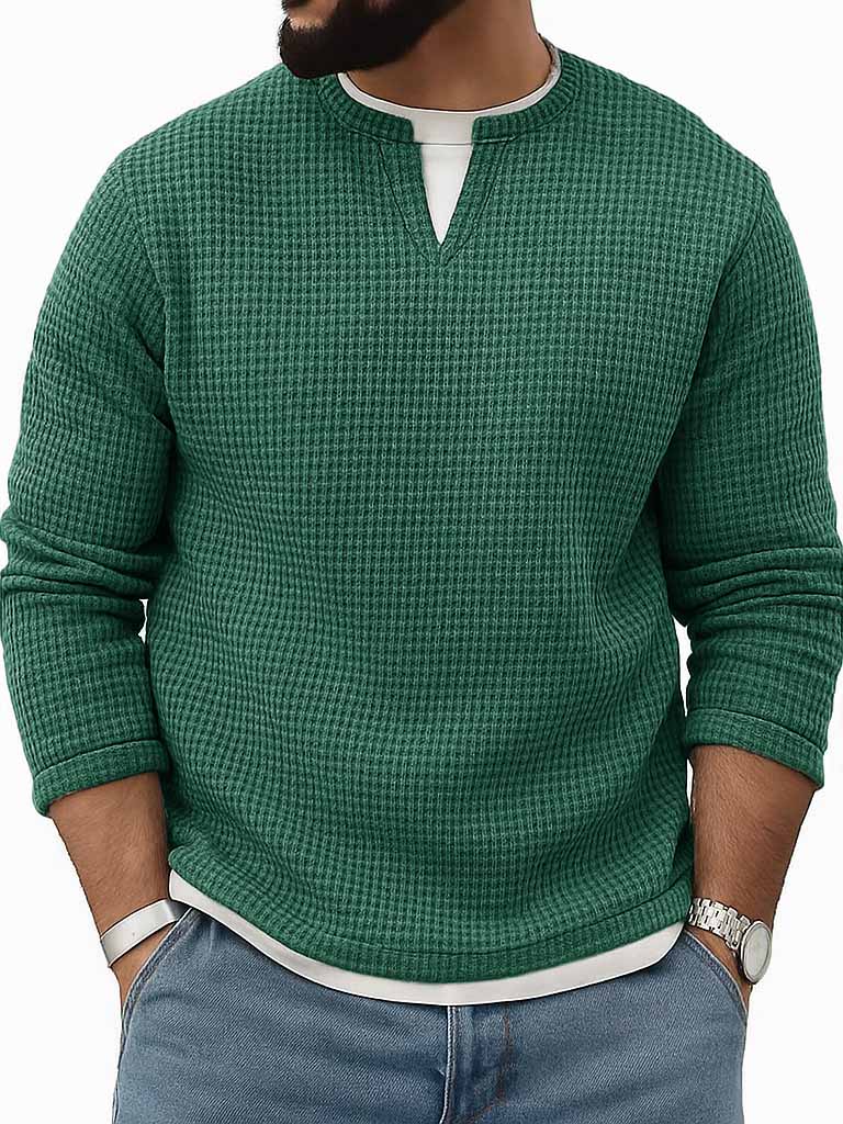 Men's Stylish Vintage Waffle Fabric V-neck Simulated Two-piece Loose-fitting Long-sleeved T-shirt