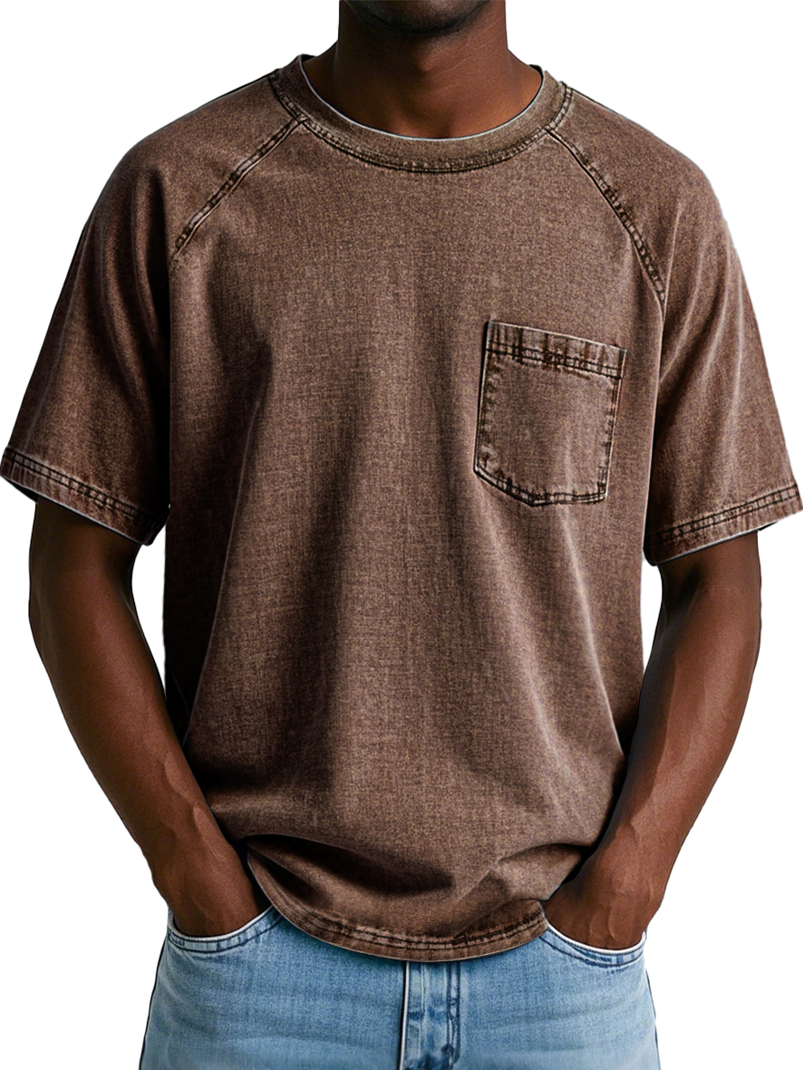Men's Fashion Retro Raglan Pocket Casual Short Sleeve T-shirt