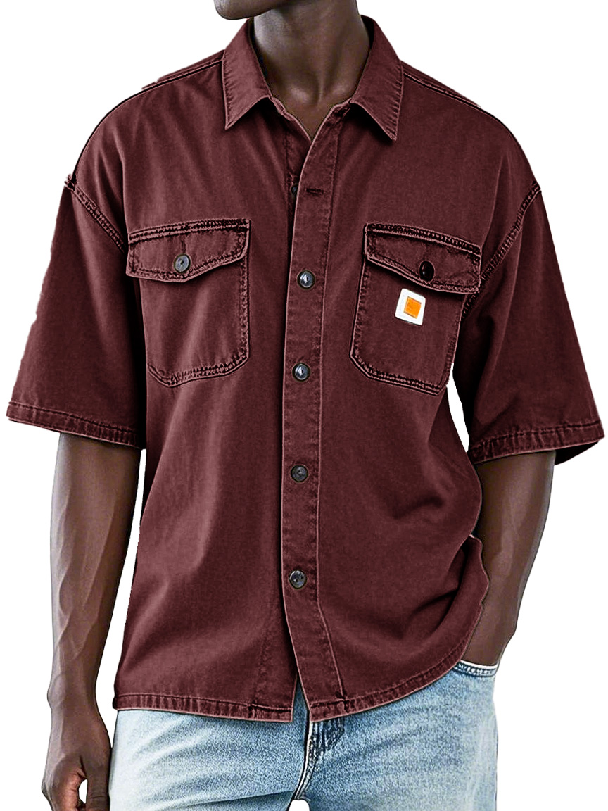 Men's Retro Workwear Double Pocket Lapel Short-sleeved Shirt