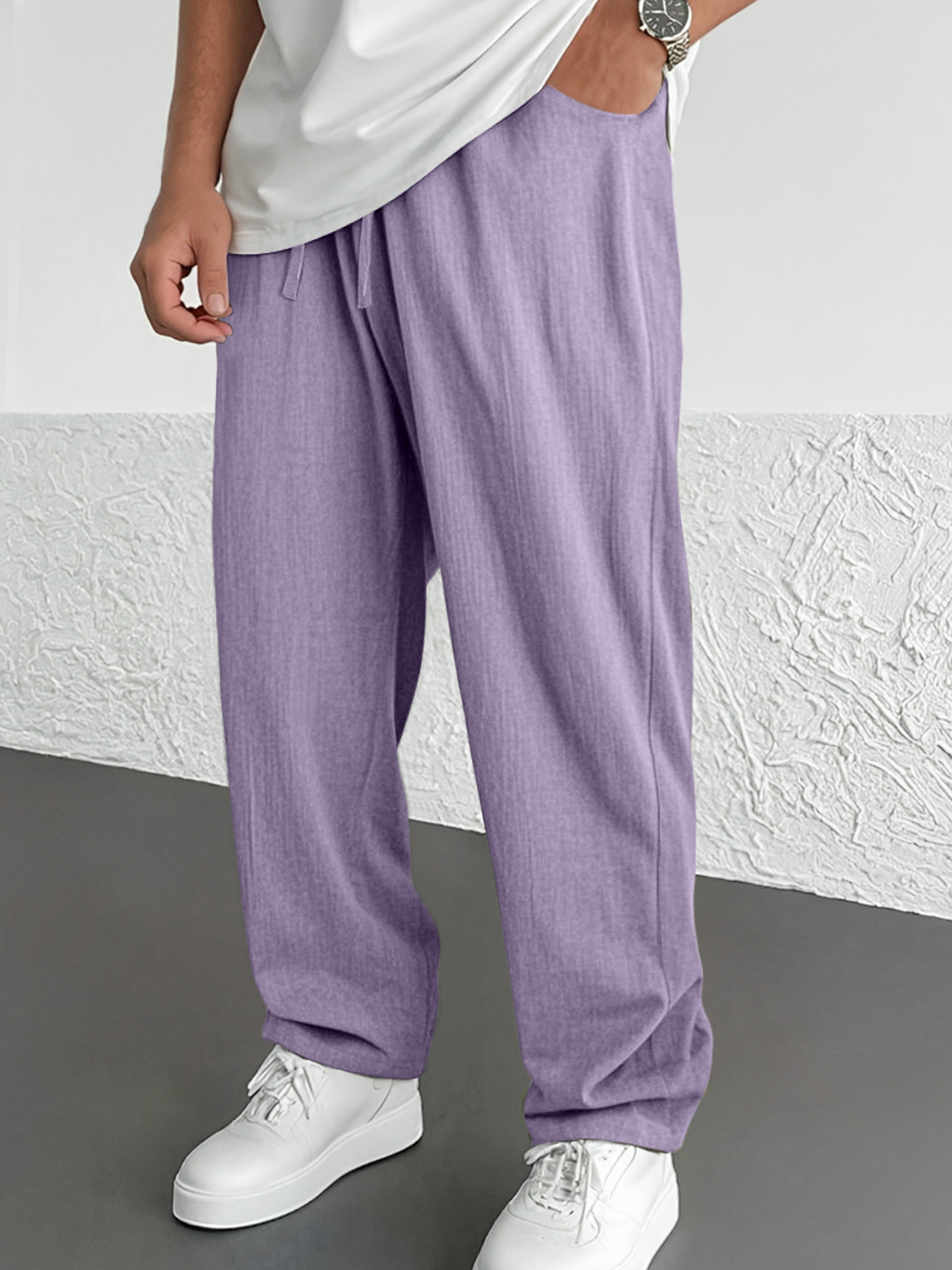 Men's Summer Daily Cotton And Linen Elastic Waist Casual Solid Color Comfortable Trousers