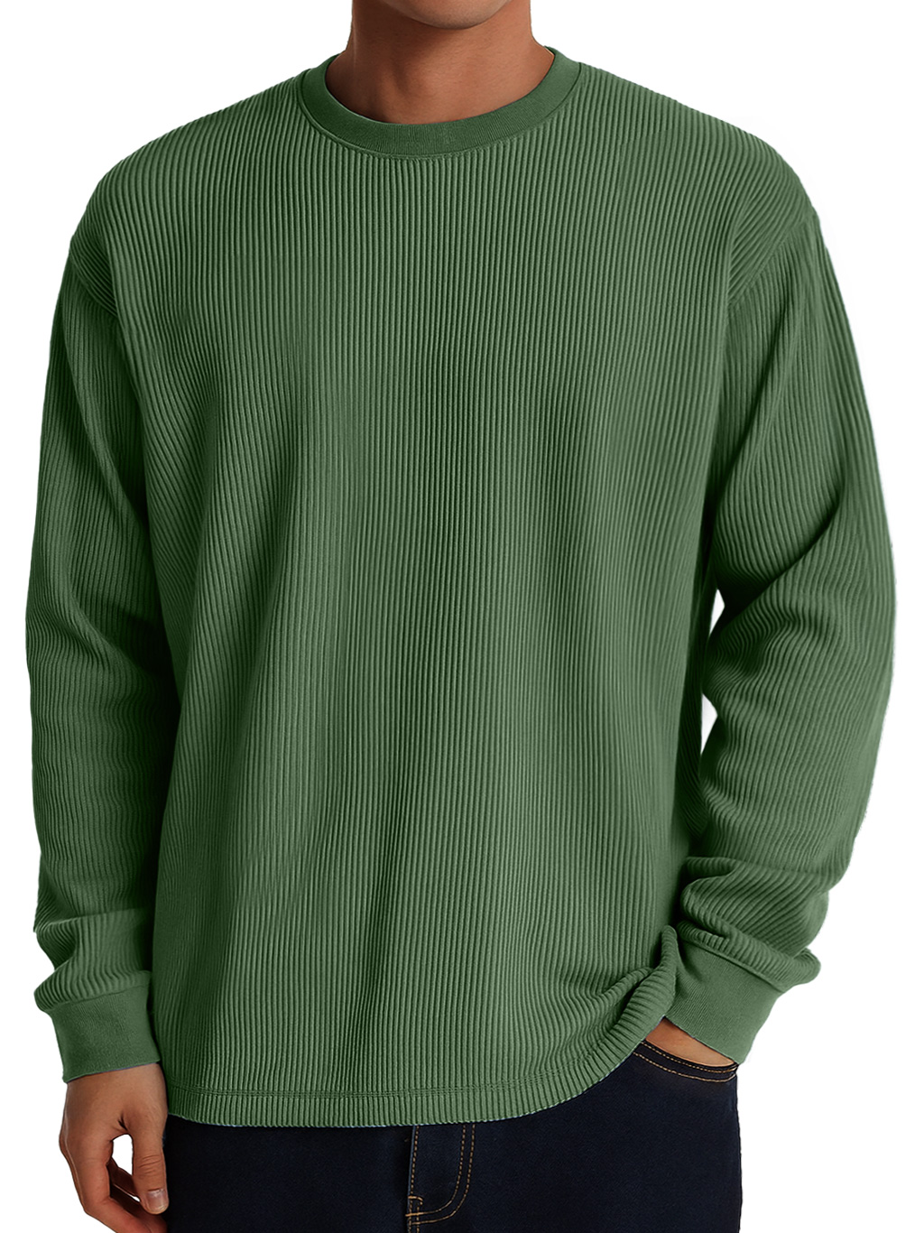 Men's Casual Round Neck Ribbed Comfortable Long Sleeve T-shirt