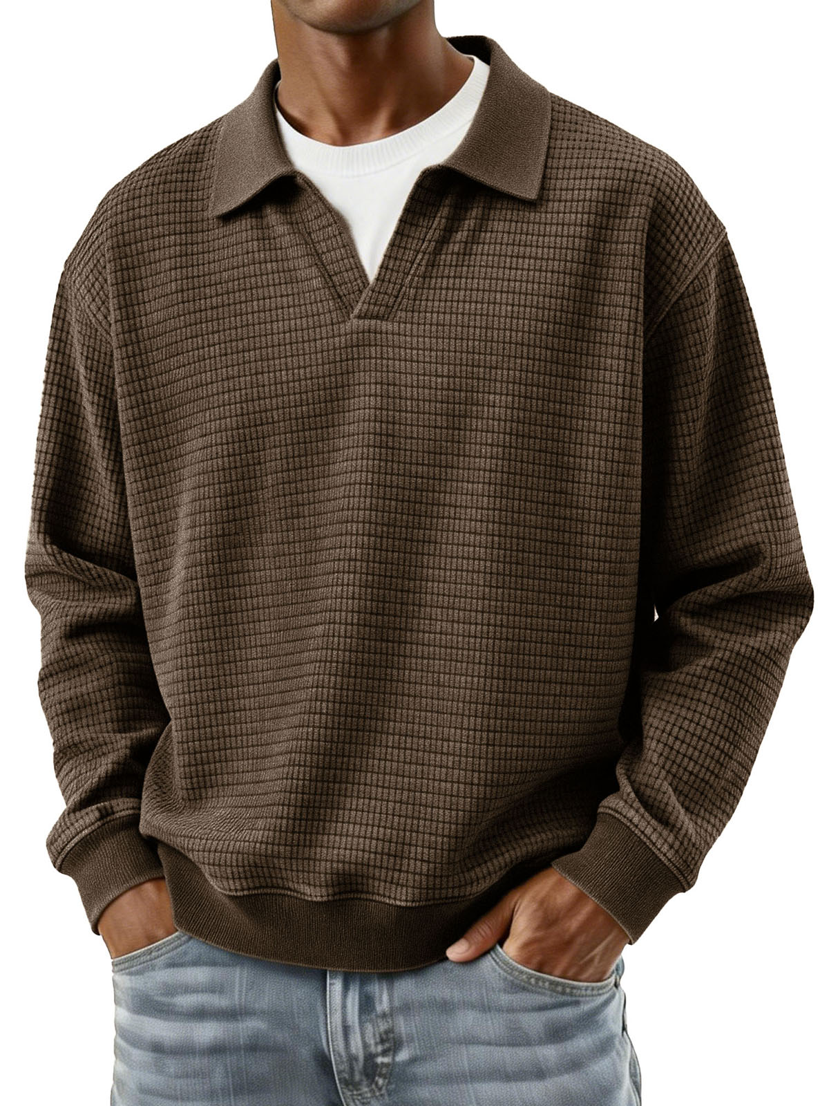 Stylish Casual Loose Corduroy Fabric V-shaped Lapel Long-sleeved Polo Shirt