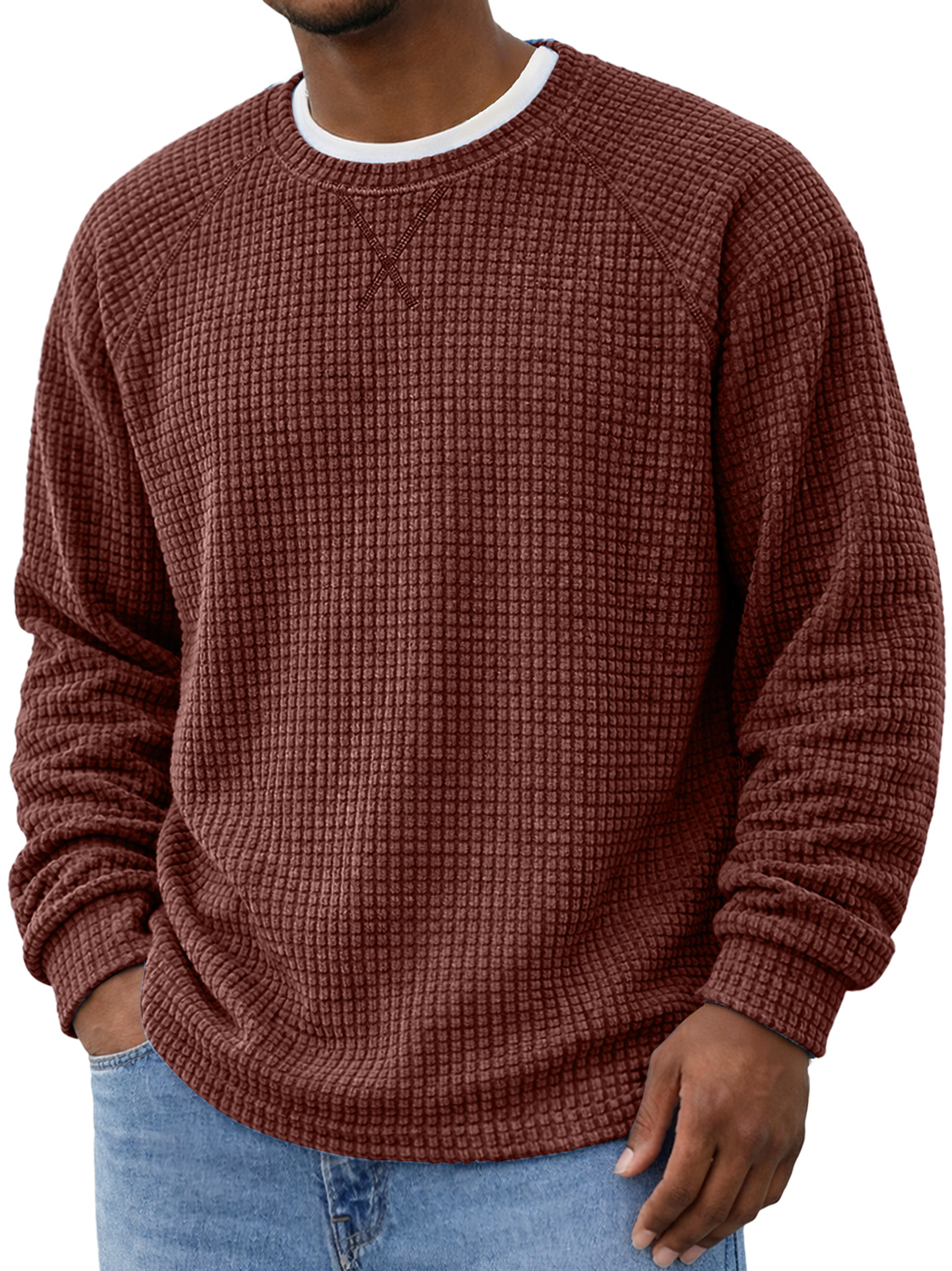 Men's Crew Neck Raglan Sleeve Corduroy Waffle Knit Long-sleeved T-shirt With Crossover Design