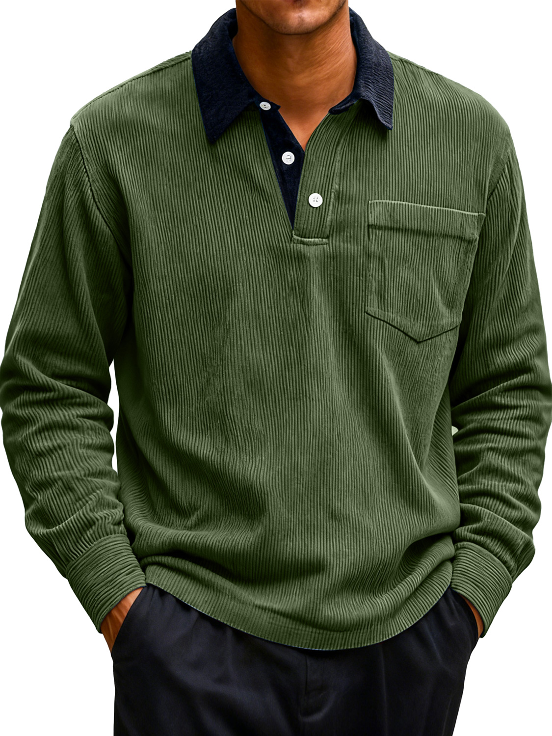 Men's Corduroy Lapel Stitching Casual Long-sleeved Polo Shirt