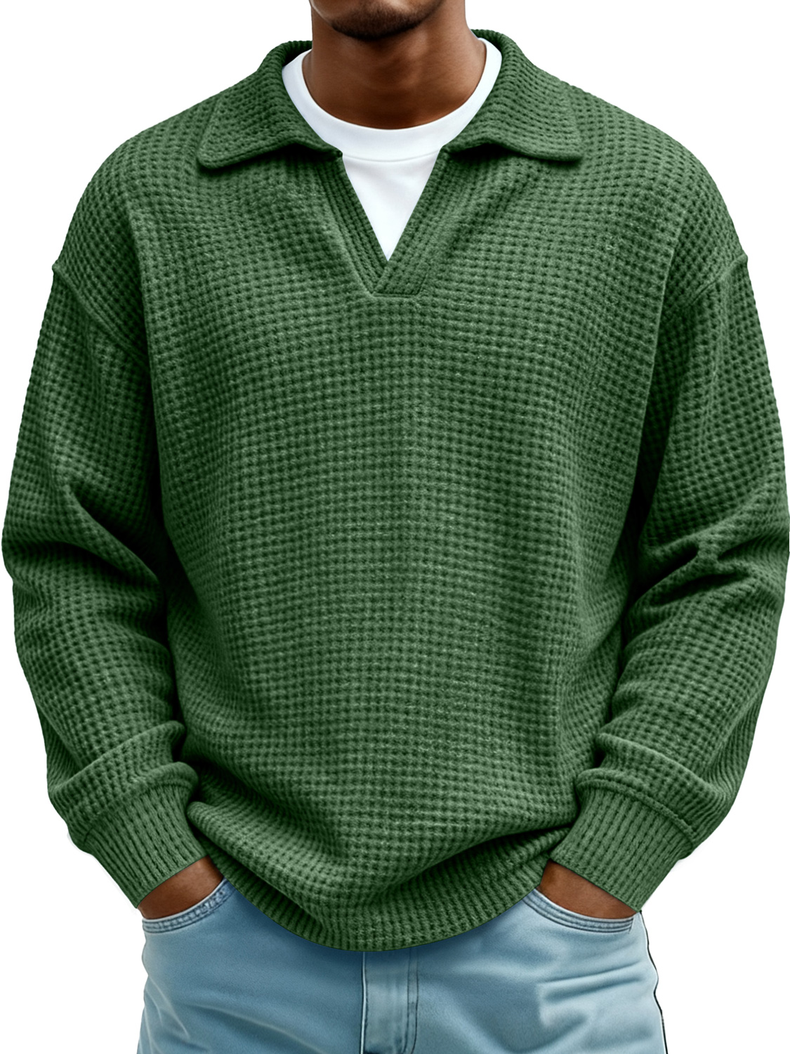 Men's Waffle-knit Faux Two-piece Collared Casual Polo Shirt