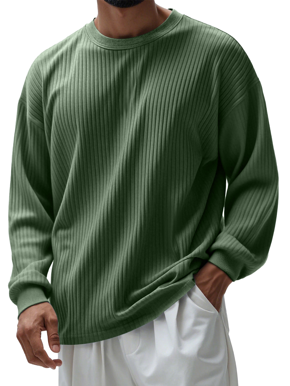 Men's Casual Round Neck Ribbed Comfortable Long Sleeve T-shirt
