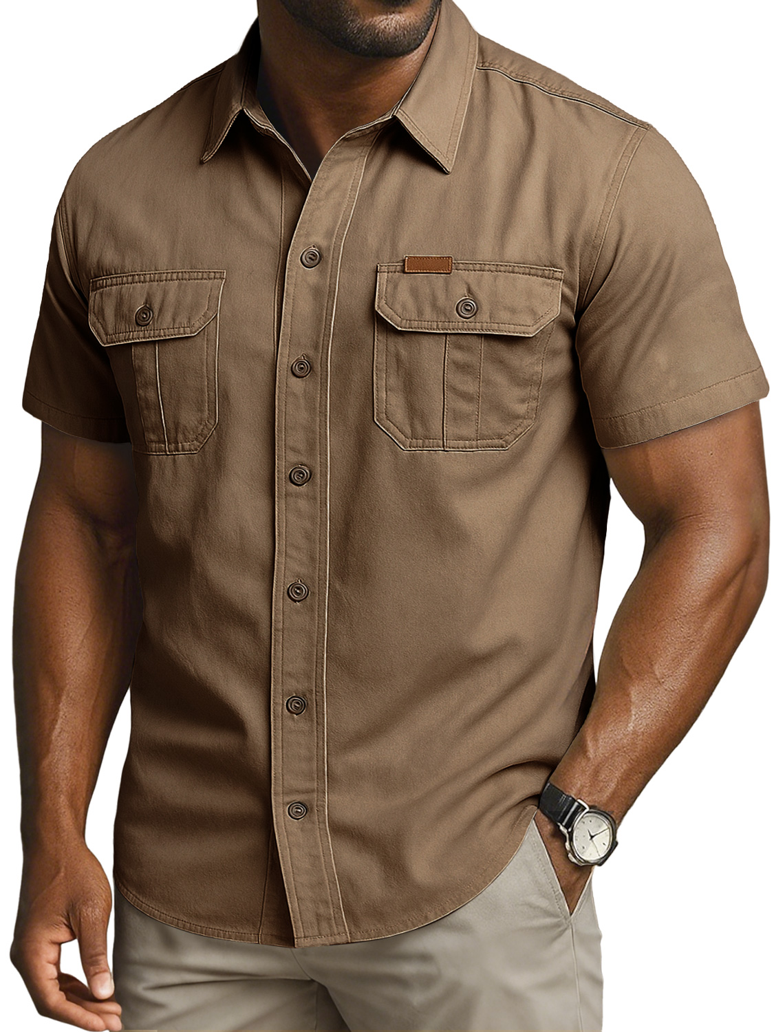 Men's Vintage Double Pocket Embroidered Leather Label Casual Work Shirt