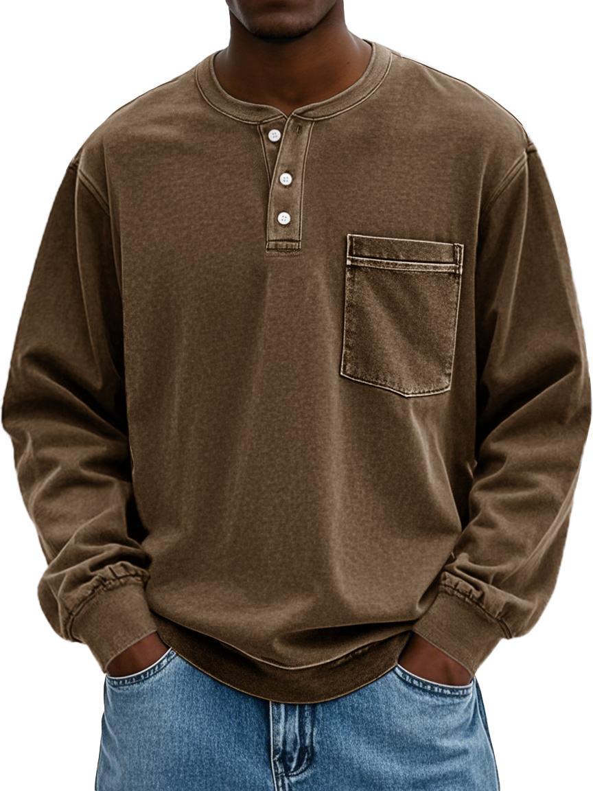 Men's Stylish Vintage Distressed Pocket Lapel Long-sleeved Henley Shirt