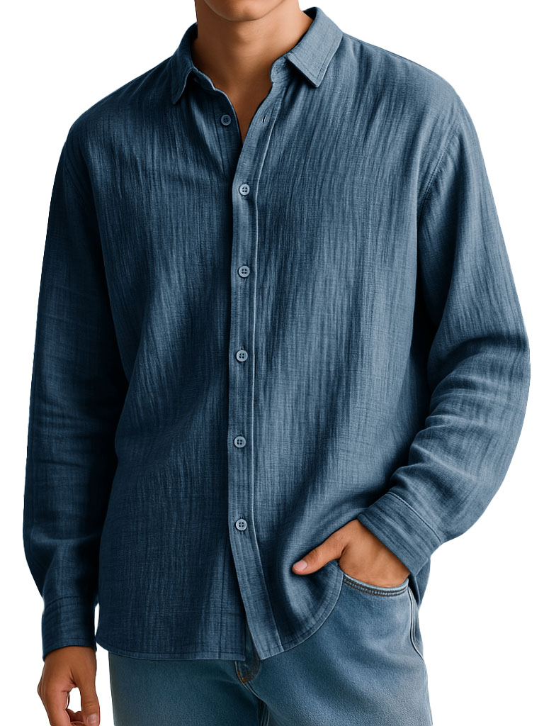 Men's Clothing Fashionable Casual Imitation Linen Fabric Long-sleeved Lapel Shirt