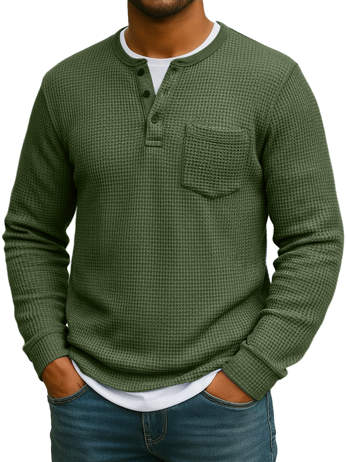 Men's Everyday Waffle Fake Two-Piece Casual Pocket Long Sleeve Henley Shirt