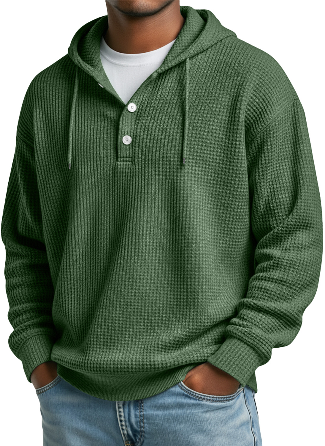 Men's Waffle Casual Hooded Button Loose Sweatshirt