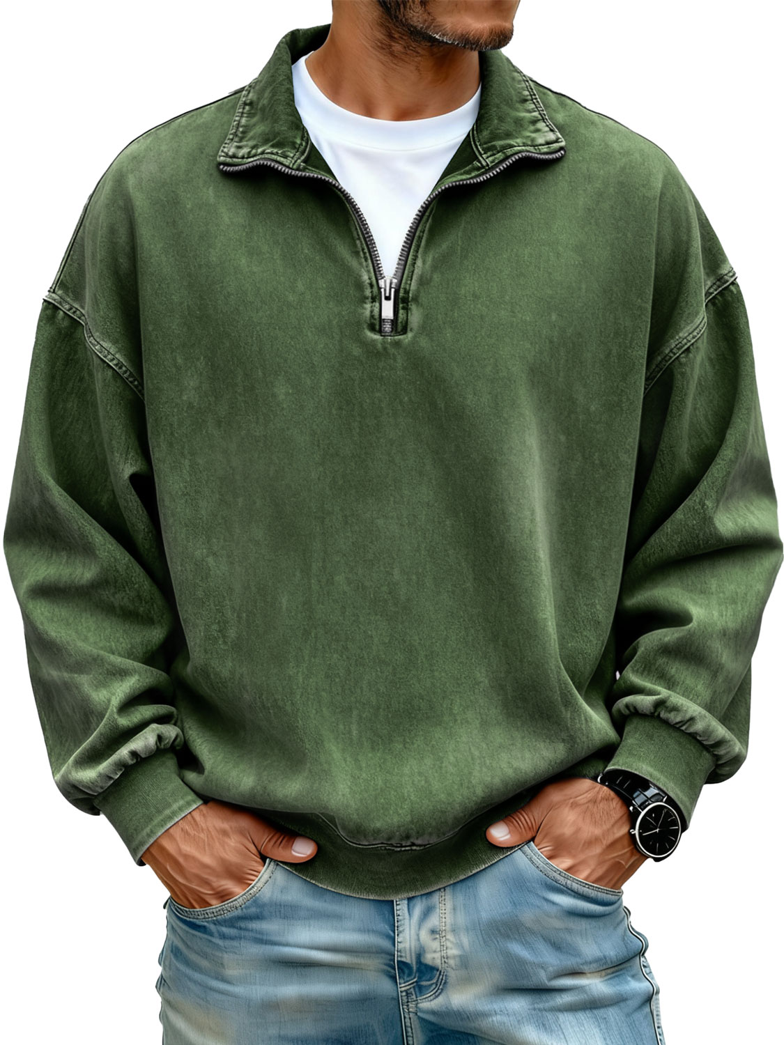 Men's Retro Stand Collar Zipper Casual Loose Sweatshirt