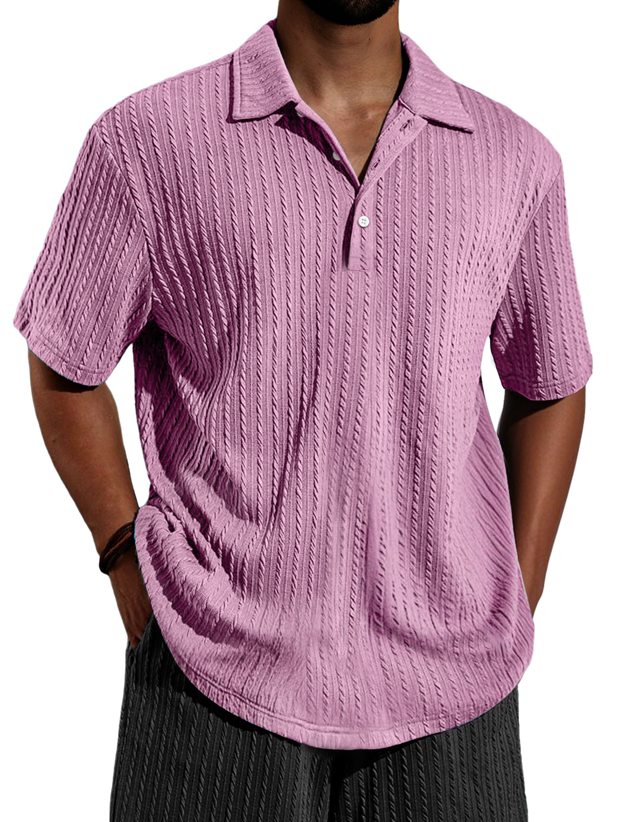 Men's Daily Jacquard Texture Casual Lapel Button Short-sleeved Polo Shirt