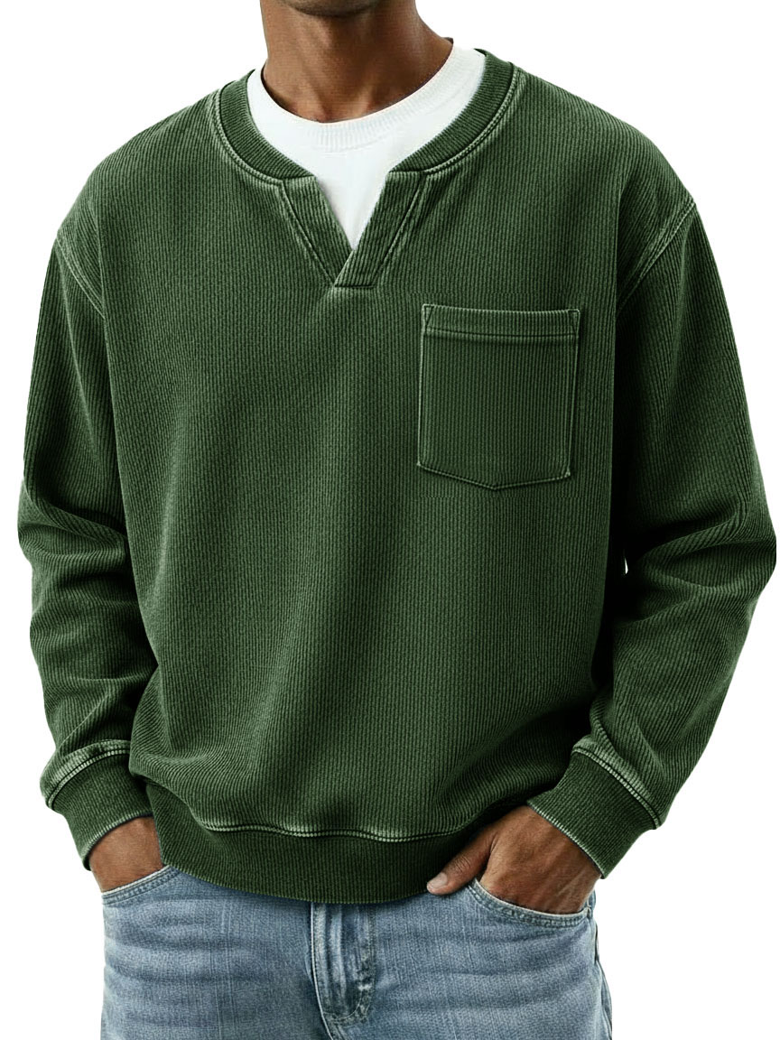 Men's Fashionable Casual Ribbed Fabric Faux Two-Piece Pocket Long-Sleeve T-Shirt