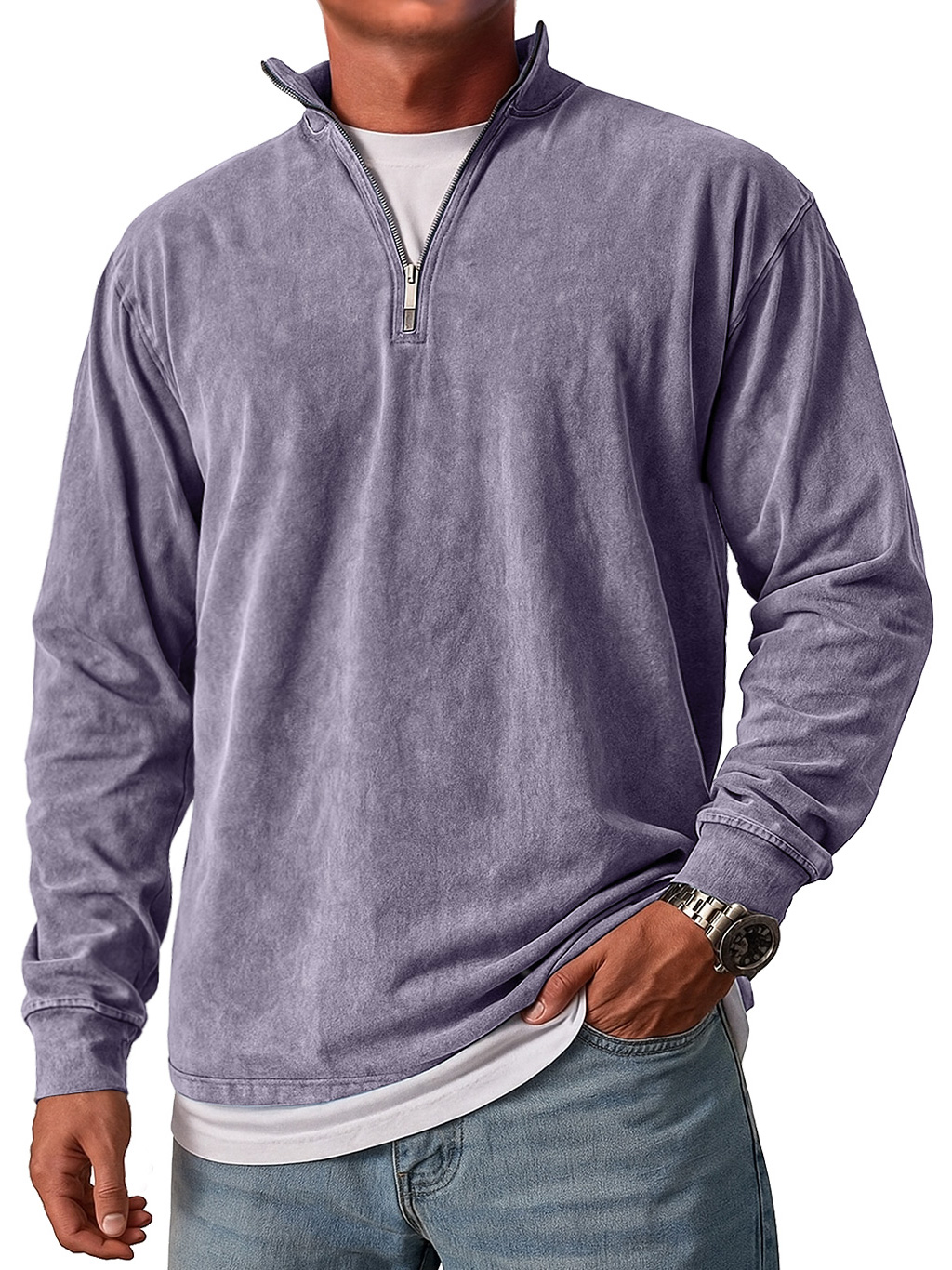 Men's Retro Stand Collar Zipper Casual Loose Solid Color Long Sleeve T-shirt